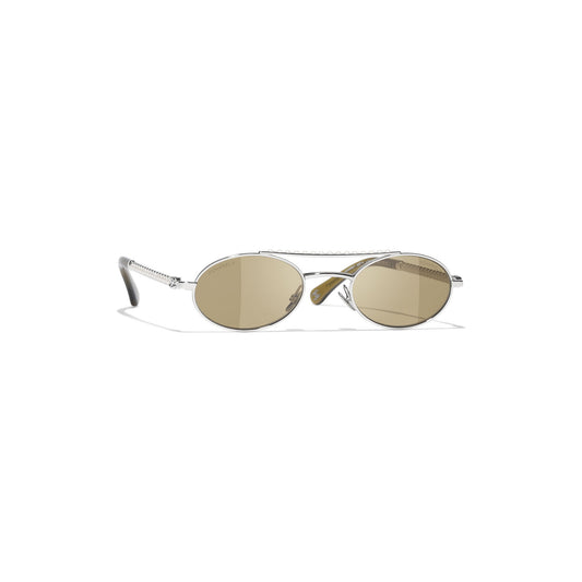Pearl-Embellished Oval Sunglasses - Silver & Pearly White