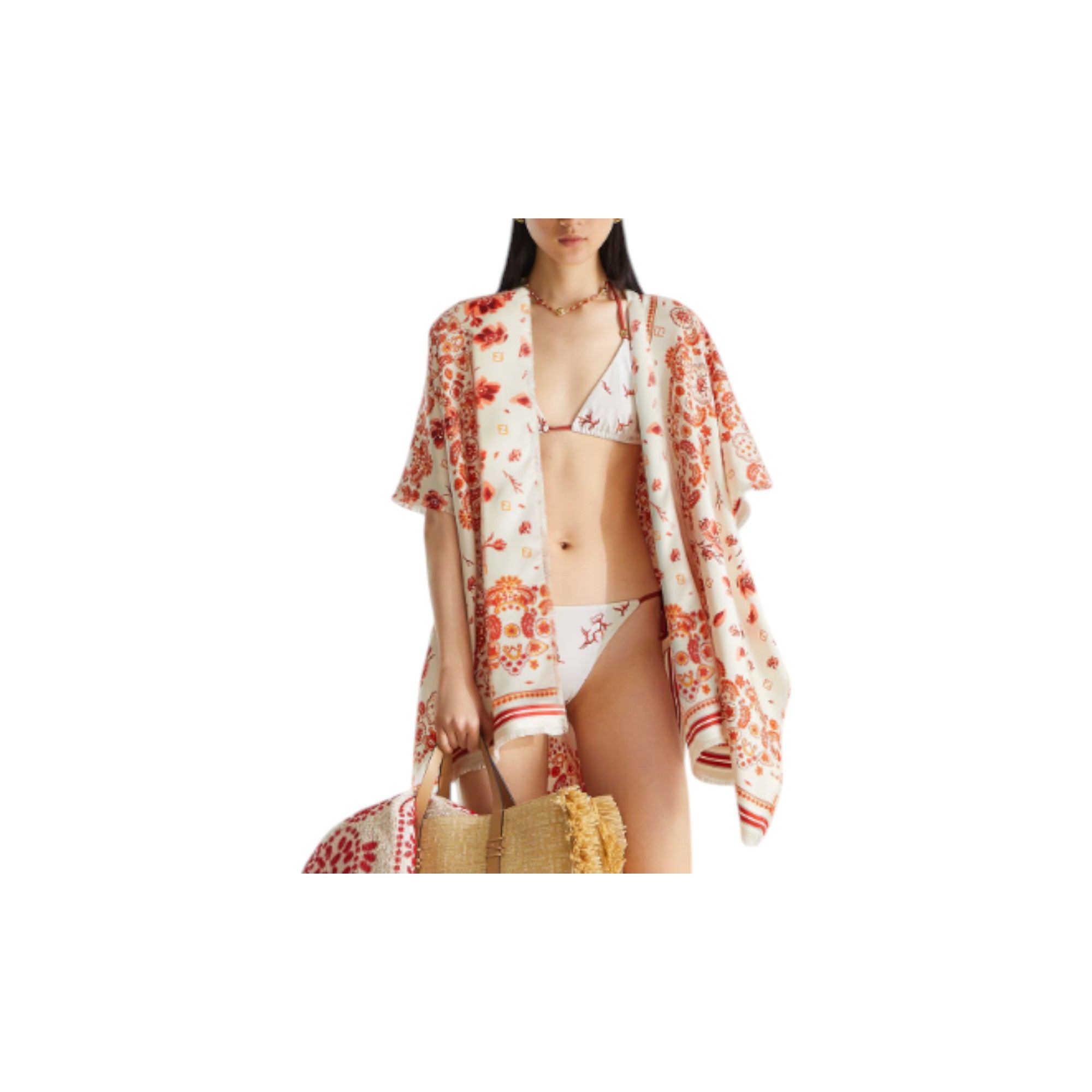Ivory Silk Coral Bandana Poncho