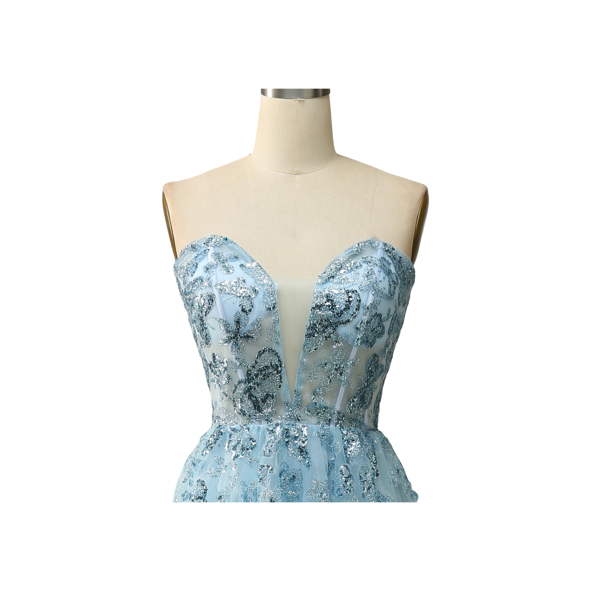 Exquisite Floral Embroidered Tulle Prom Dress in Dusty Blue