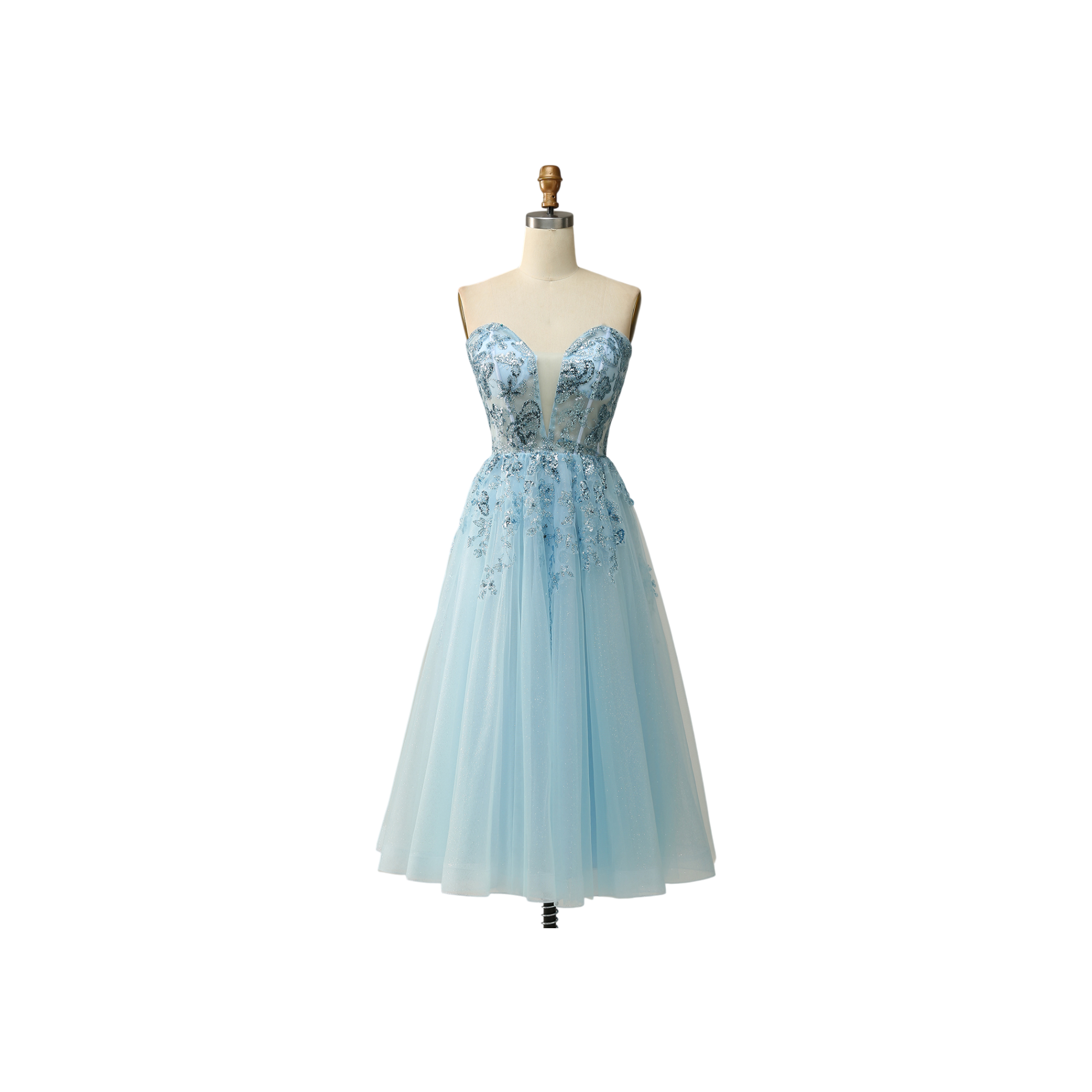 Exquisite Floral Embroidered Tulle Prom Dress in Dusty Blue
