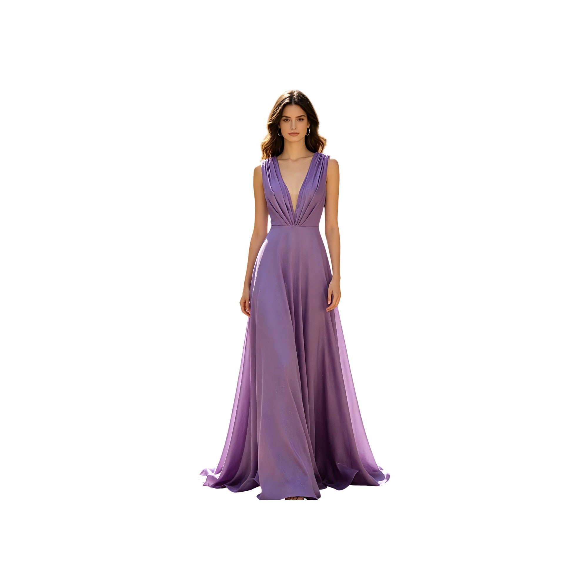 VM Contour Amethyst Shimmer Deep V-Neck Pleated Evening Gown Women