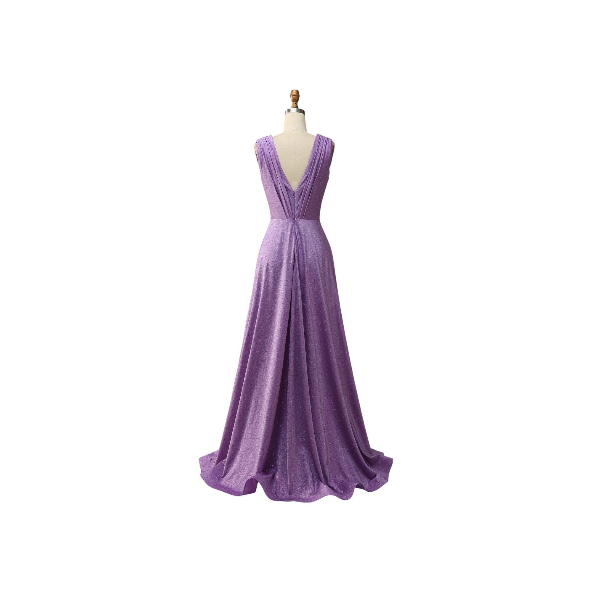 Via Manzoni Boutique amethyst shimmer deep V-neck pleated evening gown with empire waist and floor-length skirt.