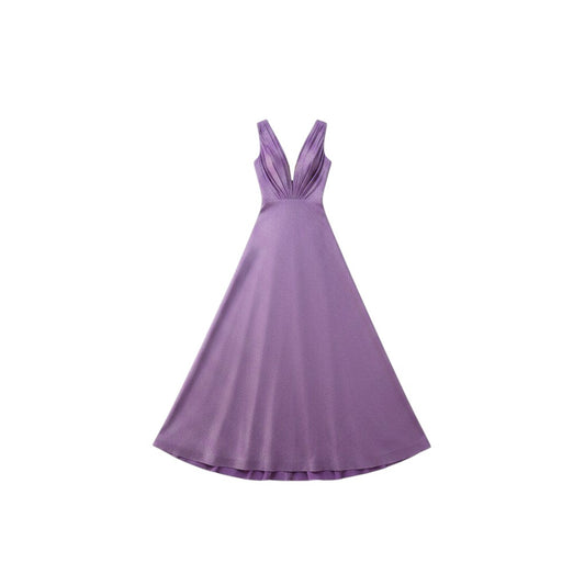 Via Manzoni Boutique amethyst purple shimmer lurex gown with deep V-neck and pleated bodice, empire waist, and floor-length skirt.