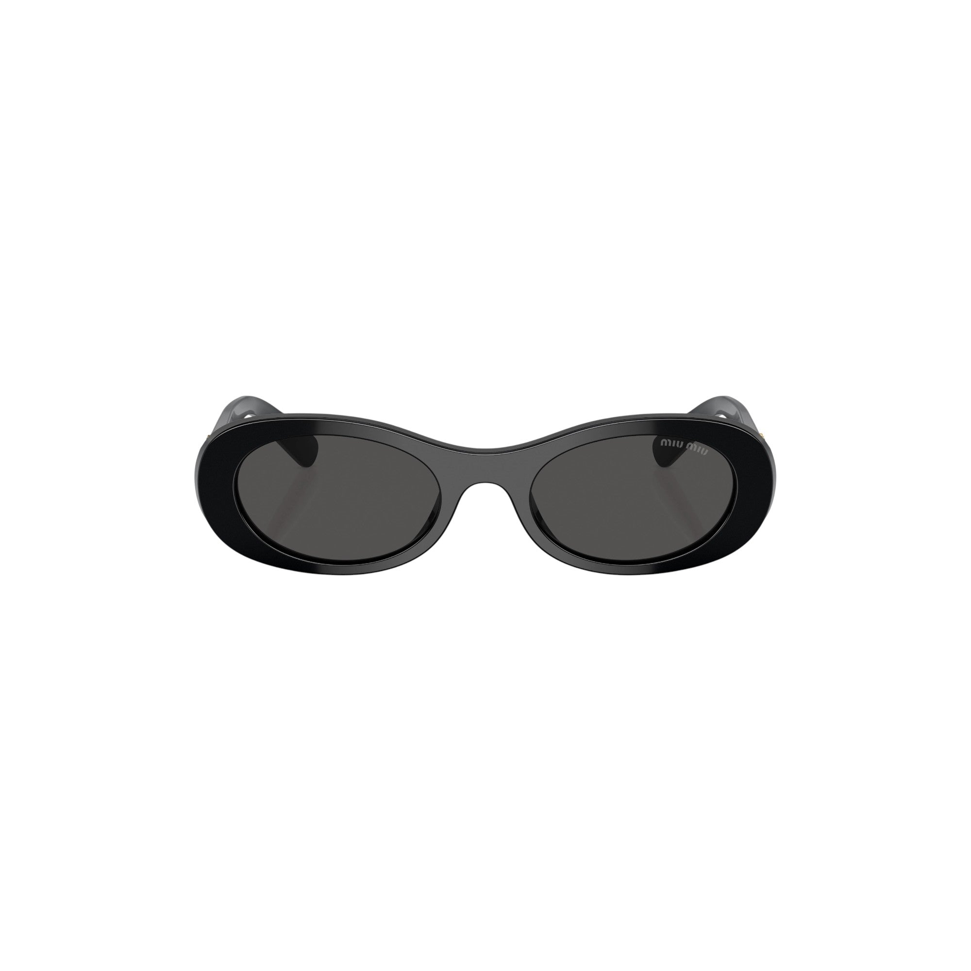 Via Manzoni Boutique black acetate oval sunglasses with dark grey lenses and Miu Miu logo on temples.