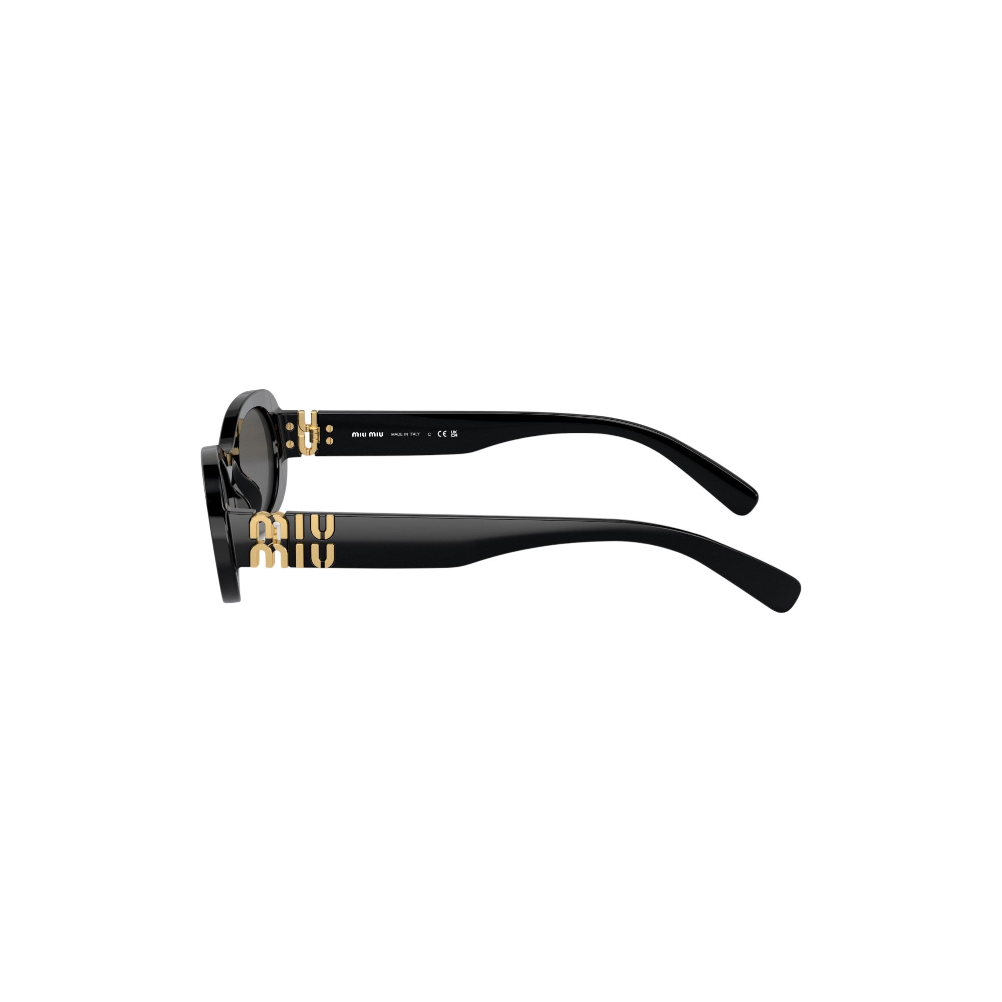 Via Manzoni Boutique Regard Oval Acetate Sunglasses in Black with gold Miu Miu logo detail on temples.