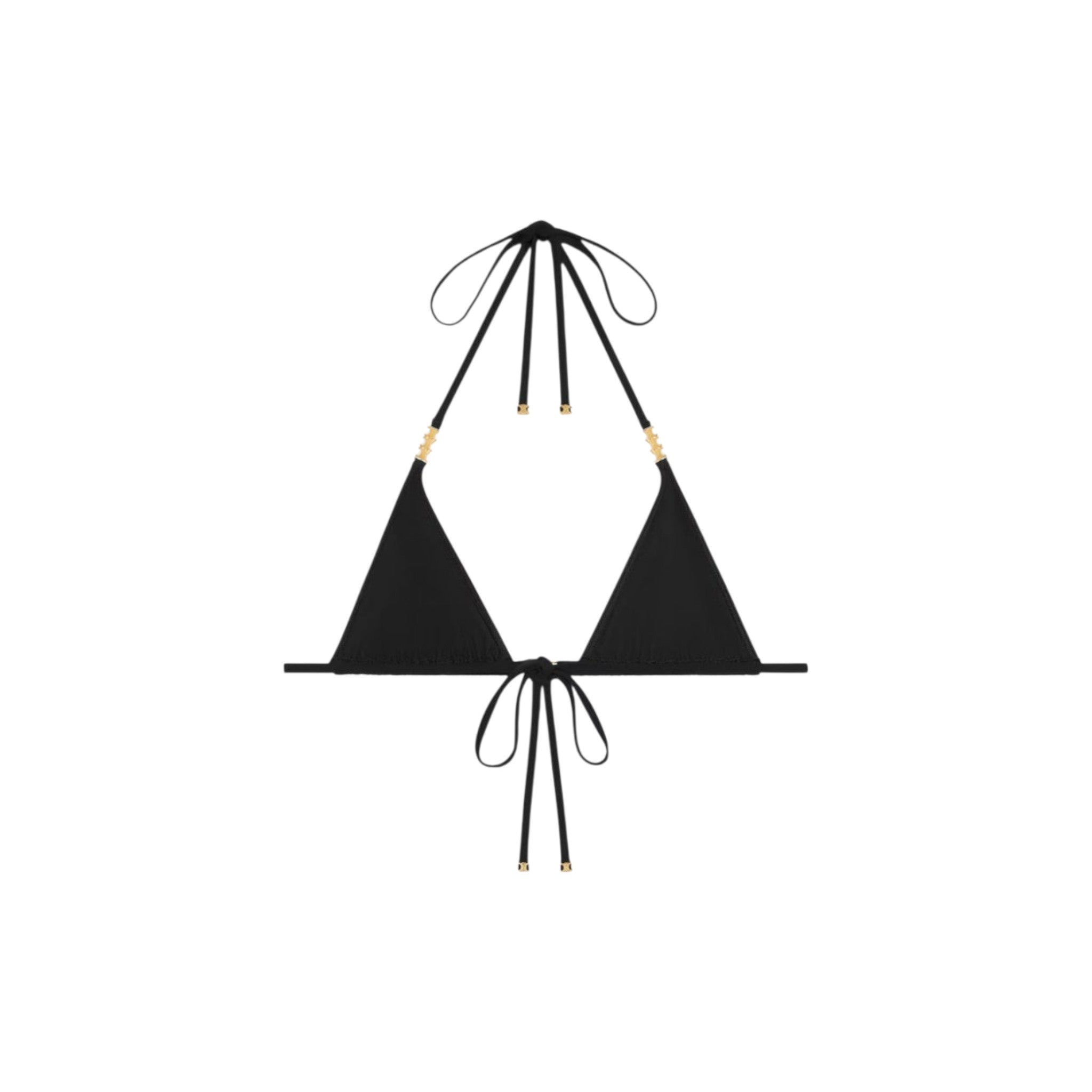 Via Manzoni Boutique black triangle bikini top with adjustable halter neck and luxury gold-tone hardware accents.