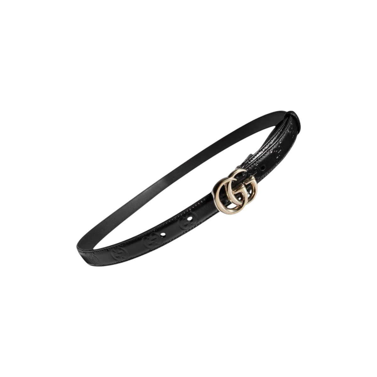 Via Manzoni Boutique black leather belt with embossed monogram pattern and a polished gold-tone interlocking G buckle.
