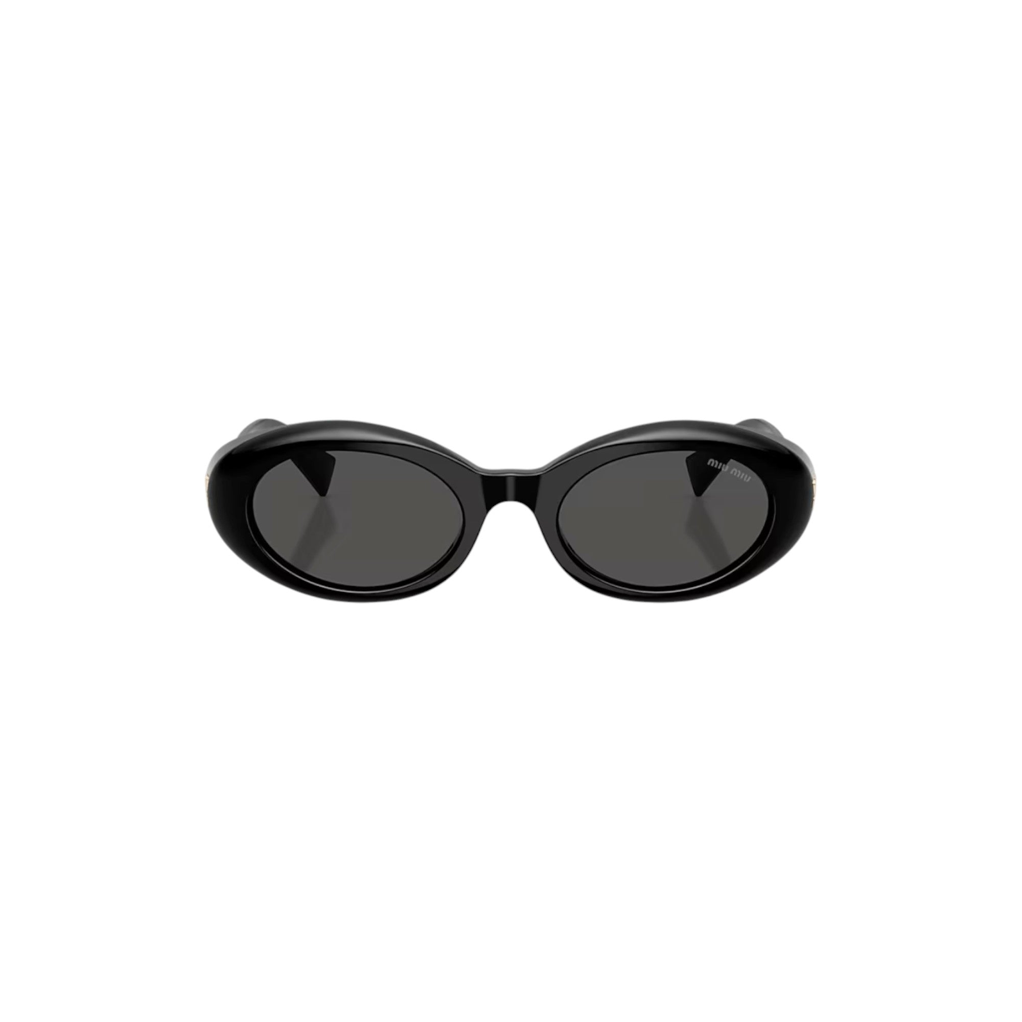 Via Manzoni Boutique black acetate oval sunglasses with dark grey lenses and Miu Miu logo detail.