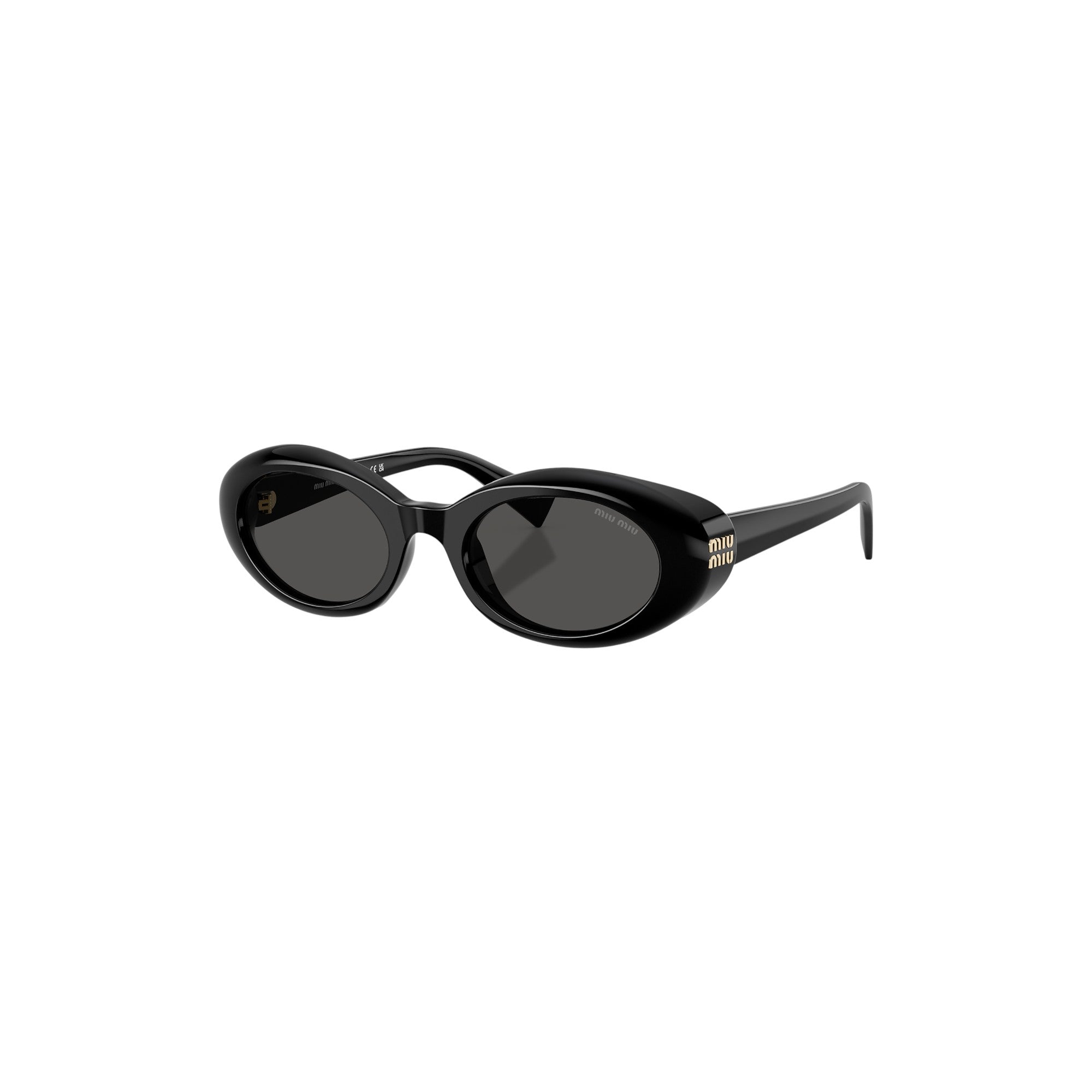 Via Manzoni Boutique black acetate oval sunglasses with dark grey lenses and gold Miu Miu logo on temples.