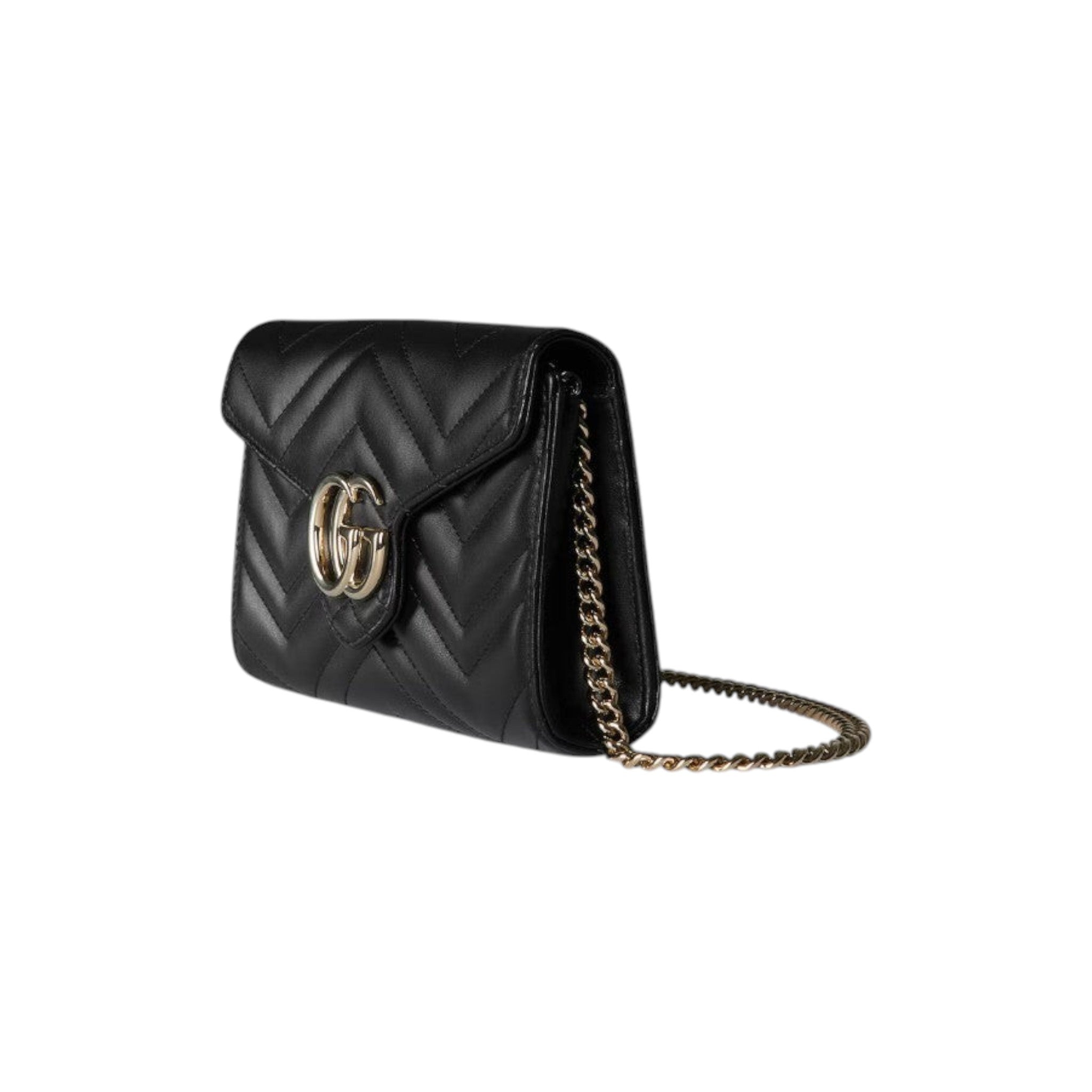 Via Manzoni Boutique black quilted leather wallet on a chain with gold GG logo and chain strap.