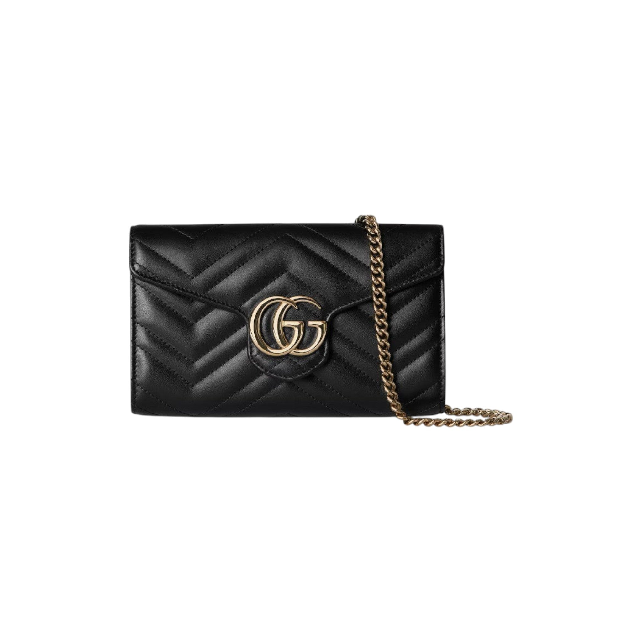 Via Manzoni Boutique black quilted leather wallet on a chain with gold GG logo and chain strap.