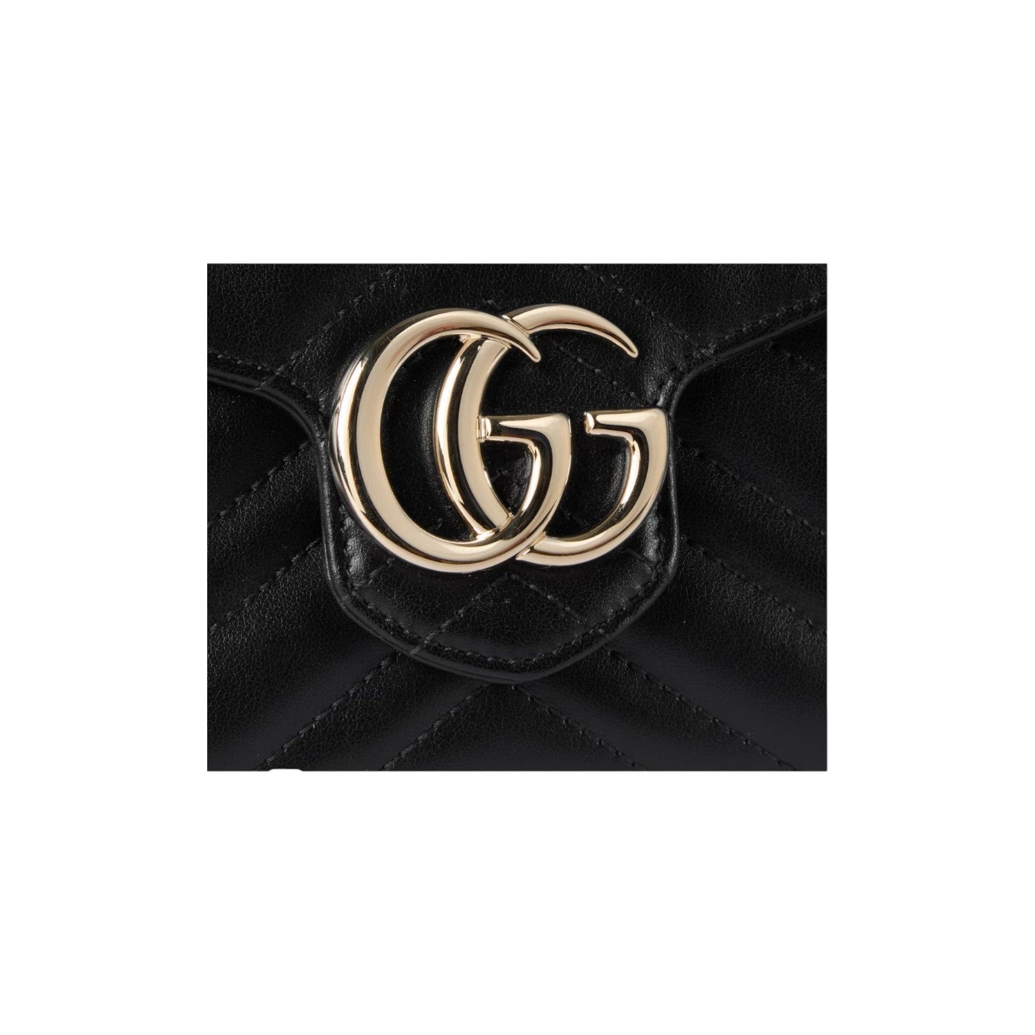 Via Manzoni Boutique black quilted leather wallet on a chain with gold double G logo.