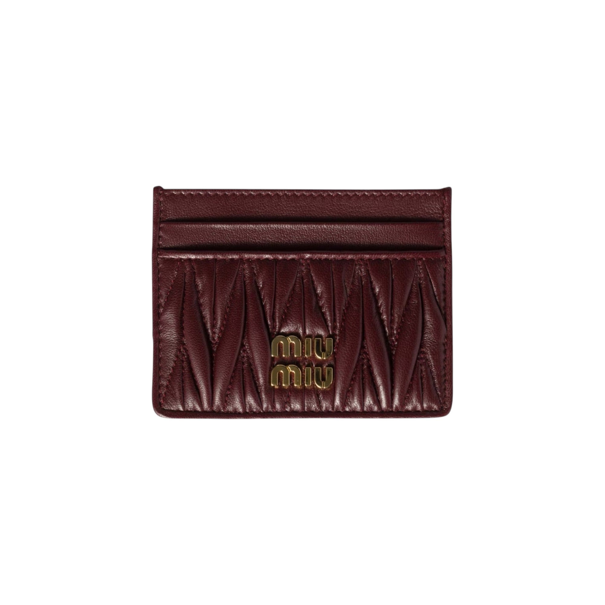 Via Manzoni Boutique burgundy matelassé leather Miu Miu card holder with gold logo