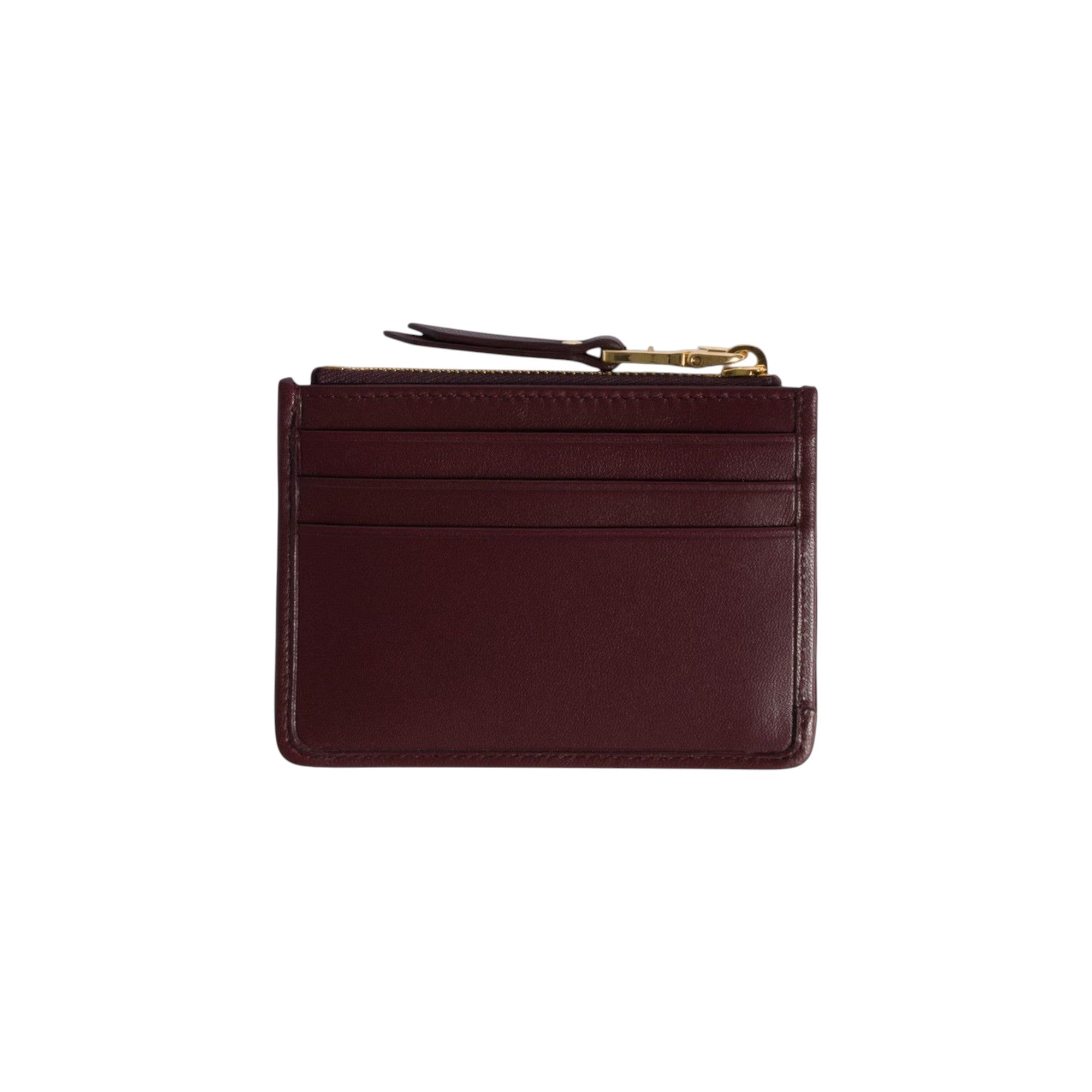 Via Manzoni Boutique burgundy quilted leather card holder with gold zipper and card slots