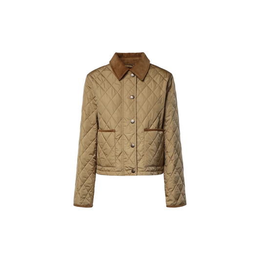 Via Manzoni Boutique camel diamond-quilted jacket with a brown corduroy collar and snap-button front closure.
