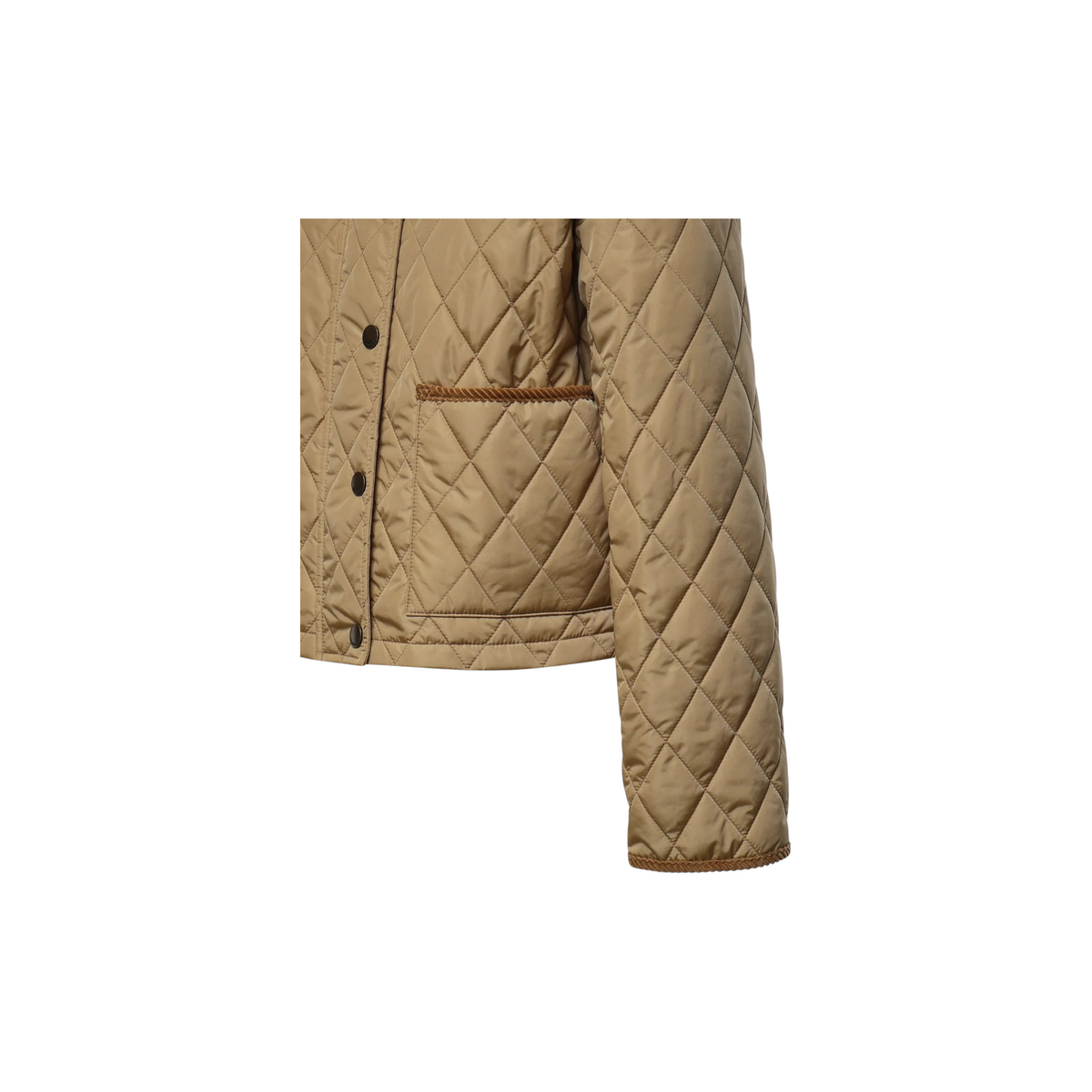 Via Manzoni Boutique camel diamond-quilted jacket with brown corduroy trim on the patch pocket and sleeve cuff.