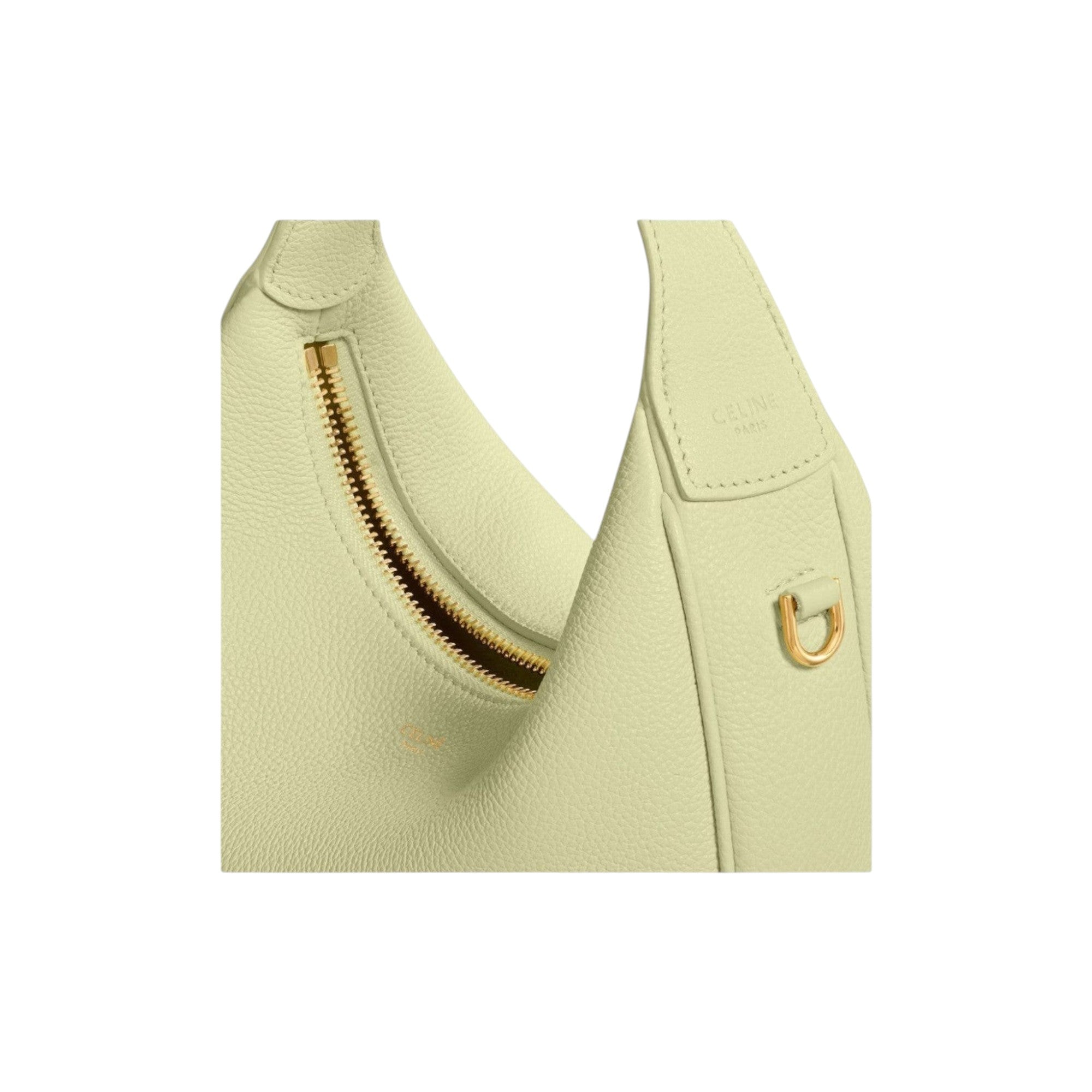 Via Manzoni Boutique CELINE small pale lime grained leather hobo bag with gold-tone hardware and crescent silhouette