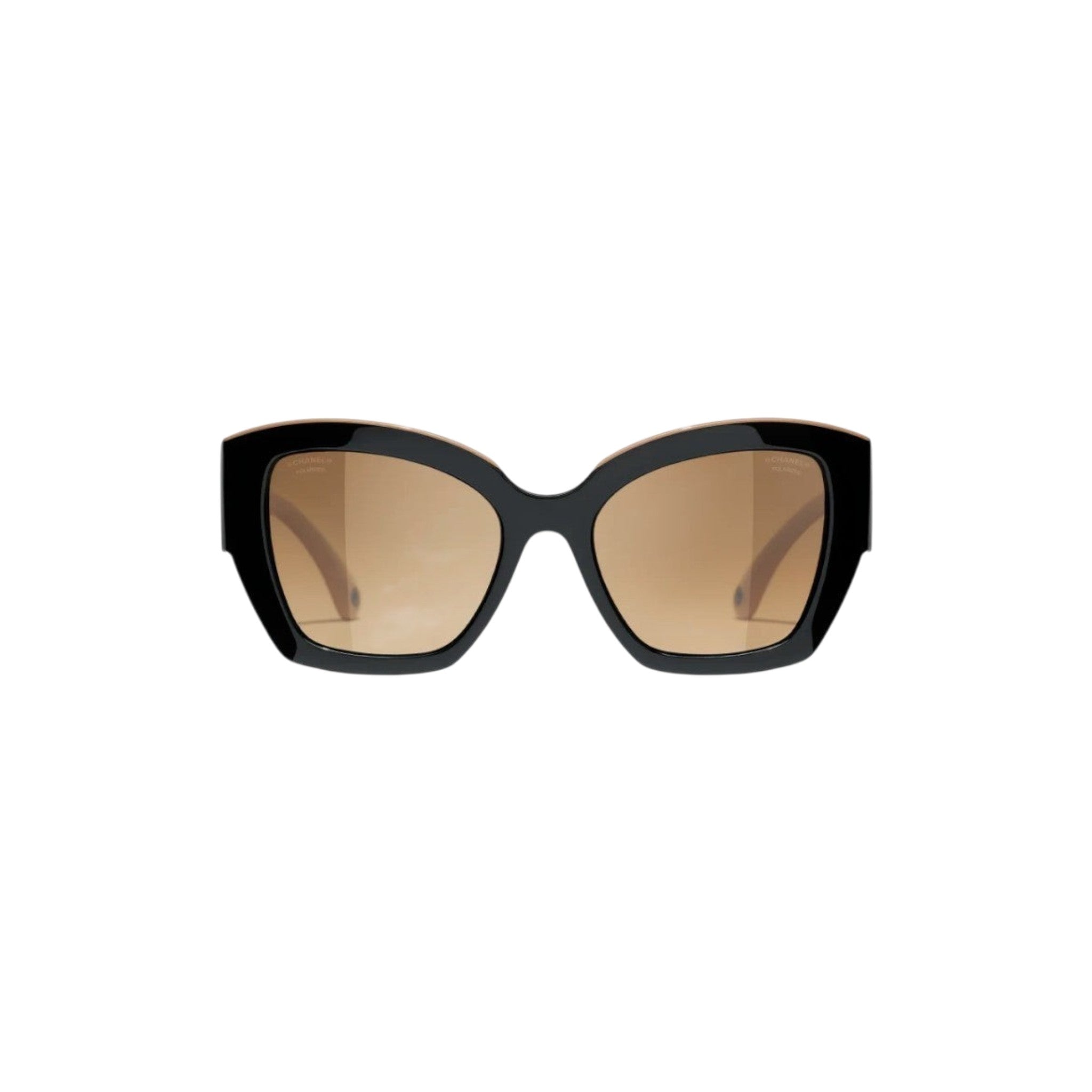 Via Manzoni Boutique CHANEL butterfly sunglasses with glossy black frames, beige interior, and brown gradient lenses.