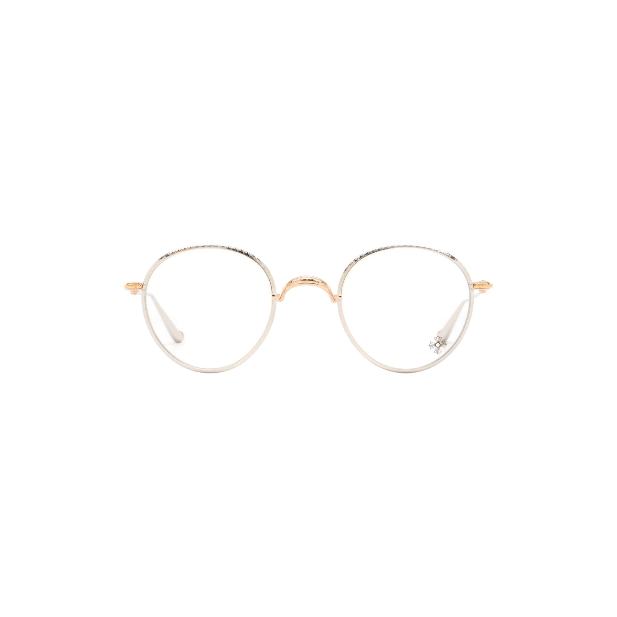 Via Manzoni Boutique Chrome Hearts Slot One rounded silver titanium eyeglasses with gold-plated sterling silver accents.