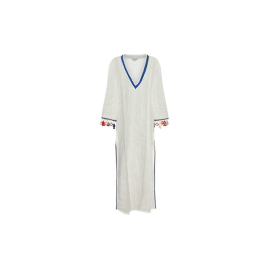Via Manzoni Boutique white crochet beach cover-up with blue V-neck, side trim, and nautical charm sleeve details.