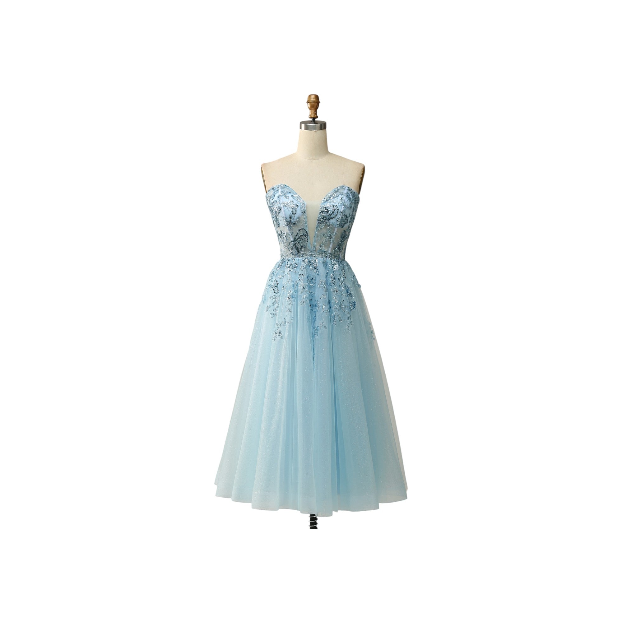 Via Manzoni Boutique dusty blue tulle prom dress with floral embroidery, sweetheart neckline, and lace-up back.