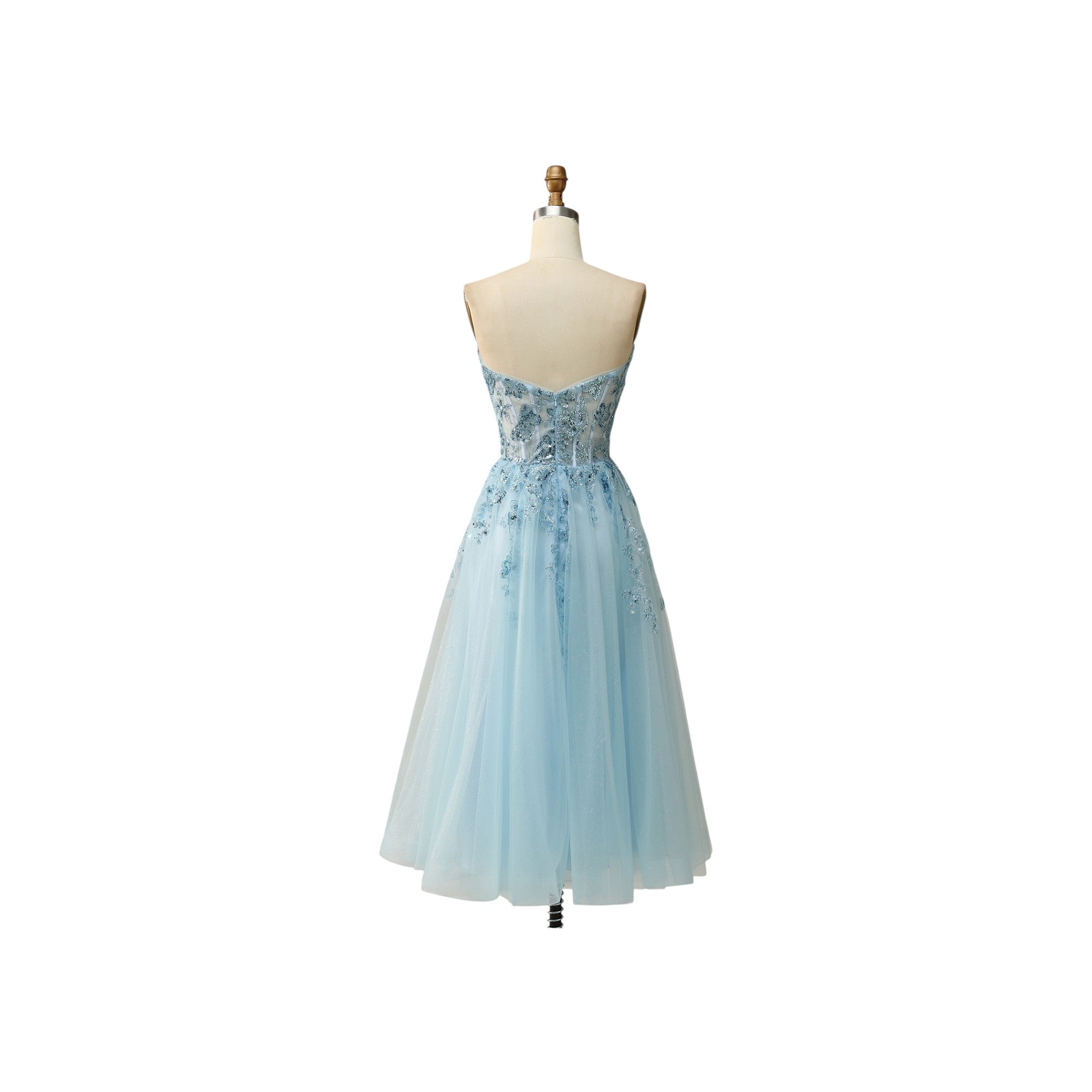Via Manzoni Boutique dusty blue tulle prom dress with floral embroidery and lace-up back.