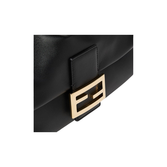 Via Manzoni Boutique FENDI black leather shoulder bag featuring a polished gold-tone logo plaque detail.