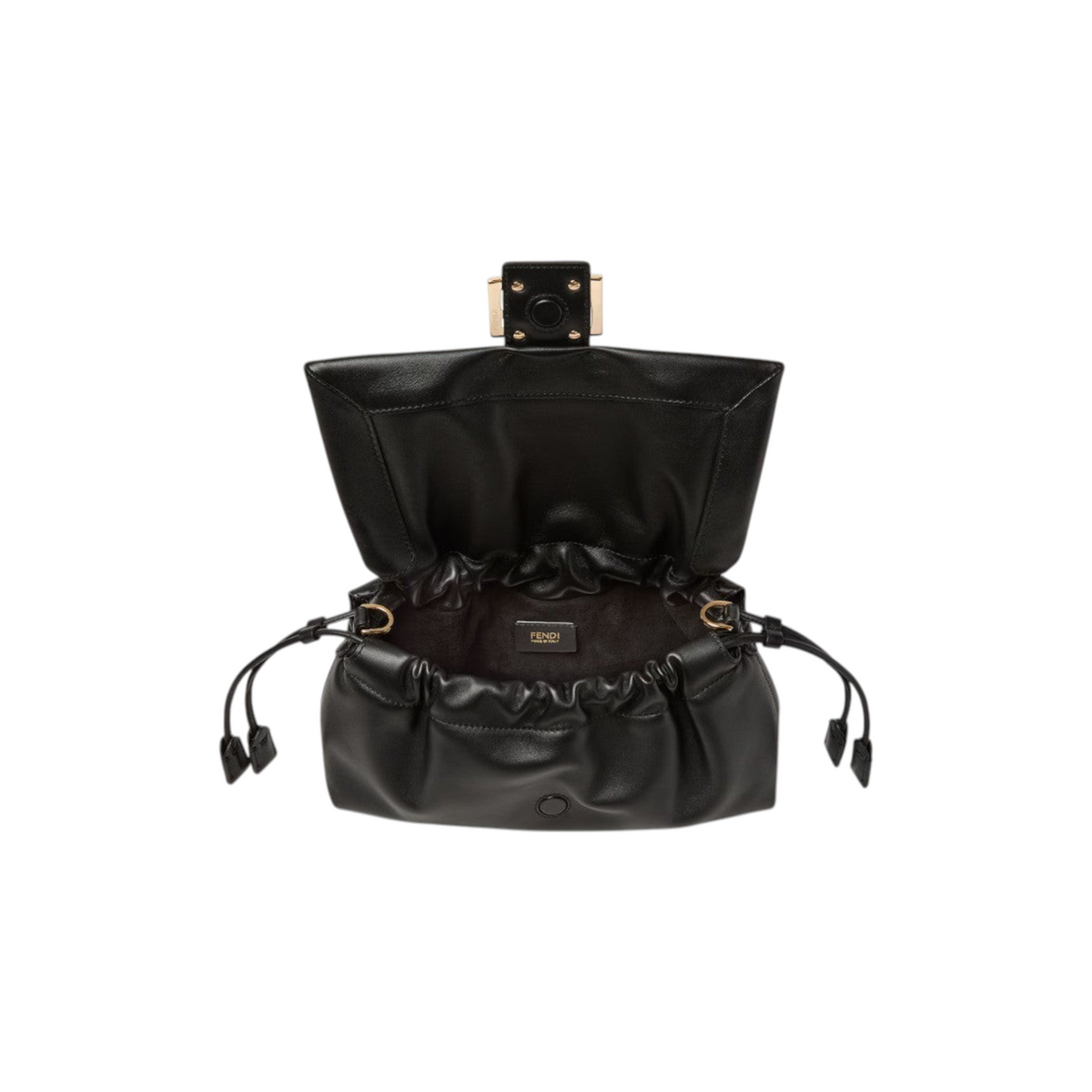 Via Manzoni Boutique FENDI black leather shoulder bag with gold hardware and drawstring closure, open top view.
