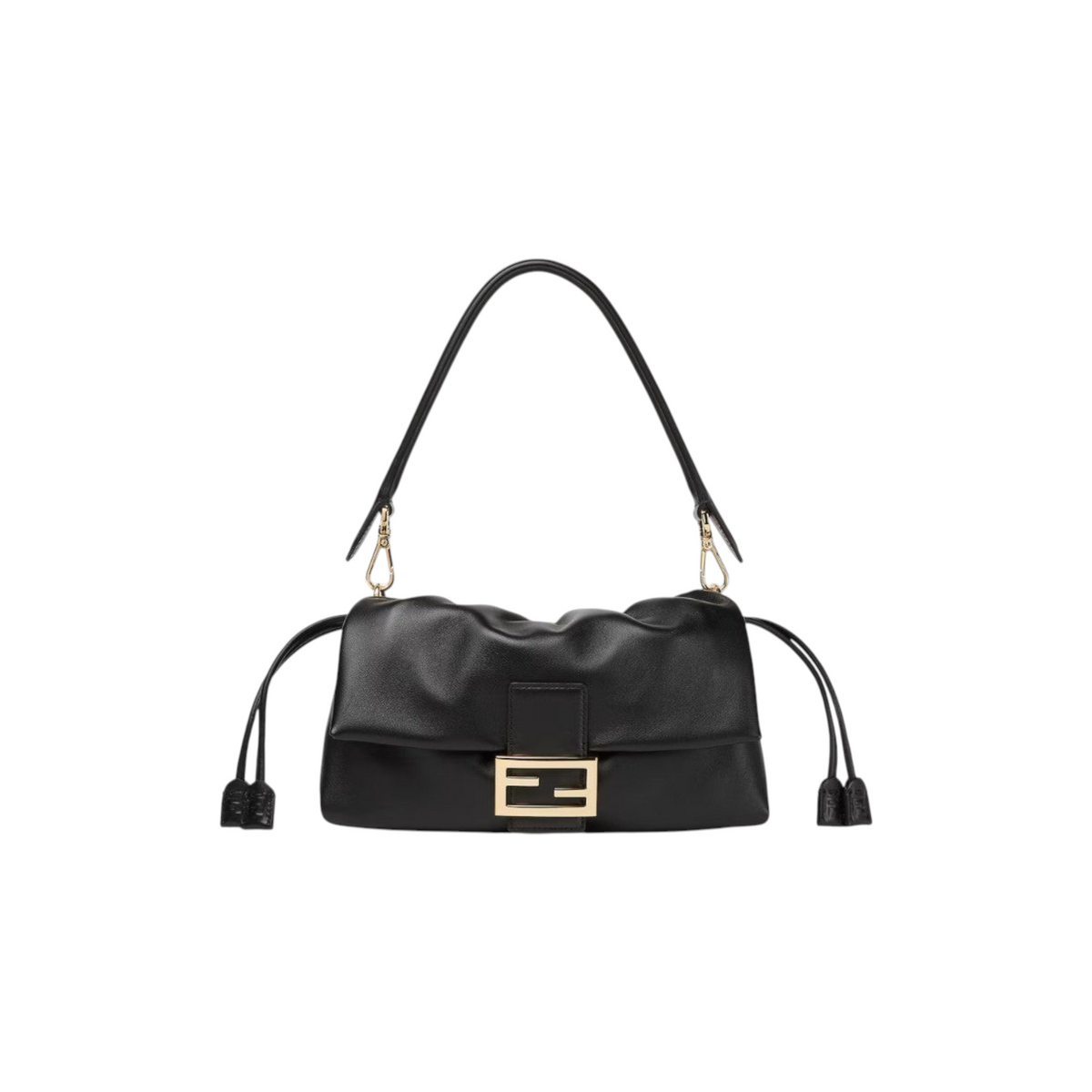 Via Manzoni Boutique FENDI black leather shoulder bag with gold logo plaque and drawstring closure