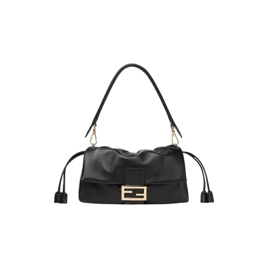 Via Manzoni Boutique FENDI black leather shoulder bag with gold logo plaque and drawstring closure