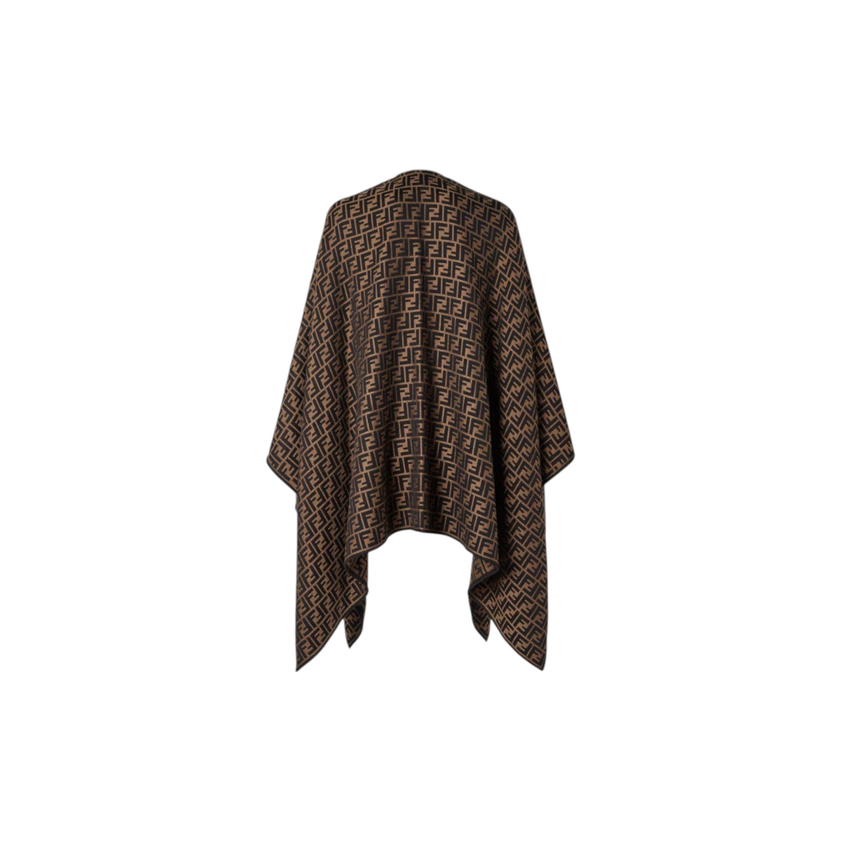 Via Manzoni Boutique FENDI monogram jacquard wool blend poncho in brown and black with a draped silhouette.