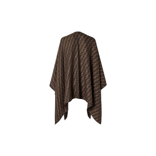 Via Manzoni Boutique FENDI monogram jacquard wool blend poncho in brown and black with a draped silhouette.