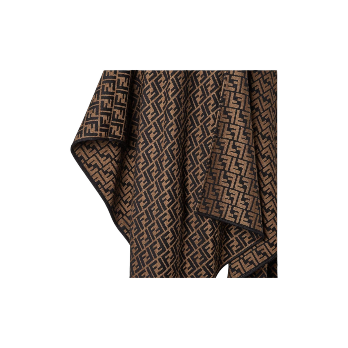 Via Manzoni Boutique FENDI monogram jacquard wool blend poncho in brown and black with a draped silhouette.