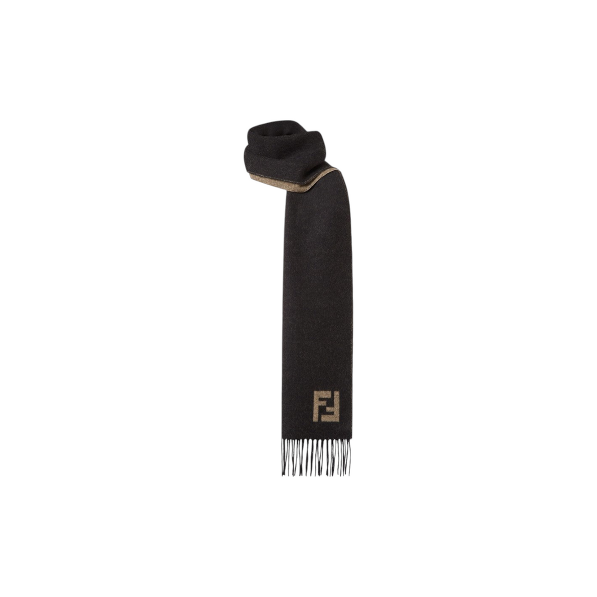 Via Manzoni Boutique FENDI reversible wool blend scarf in charcoal and beige with fringe and logo detail.
