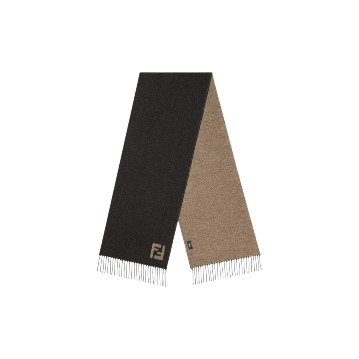 Via Manzoni Boutique reversible FENDI wool blend scarf in charcoal and beige with fringe trim and logo detail