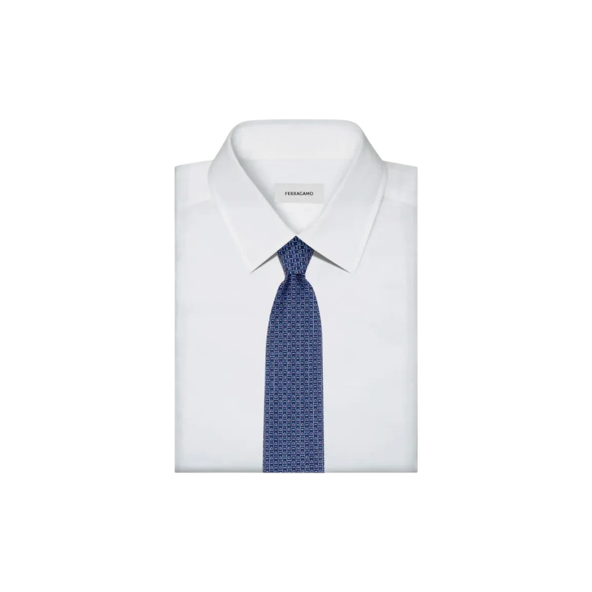 Via Manzoni Boutique Ferragamo navy blue silk necktie with a repeating geometric pattern on a white dress shirt
