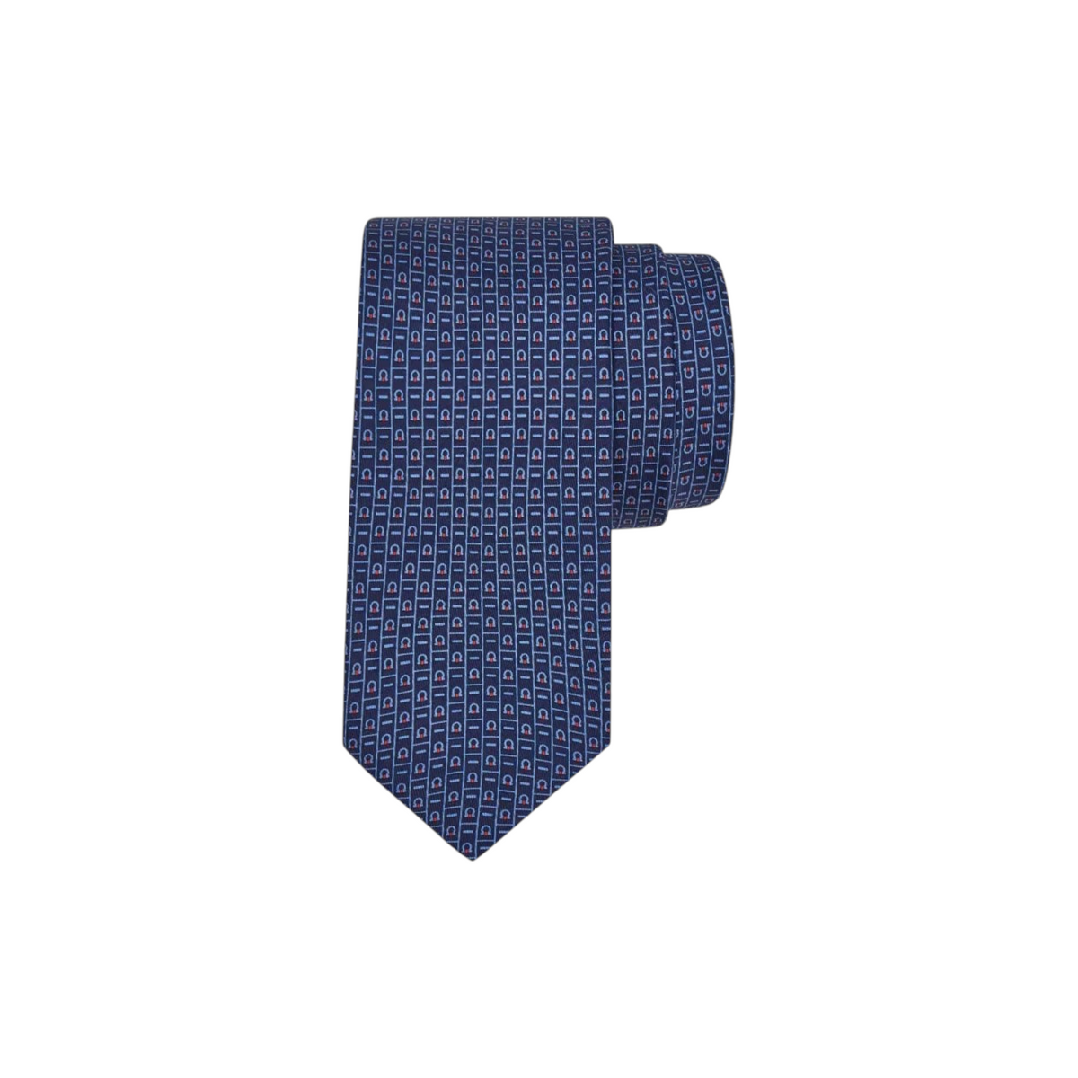 Via Manzoni Boutique Ferragamo navy blue silk necktie with a repeating light blue and red geometric pattern