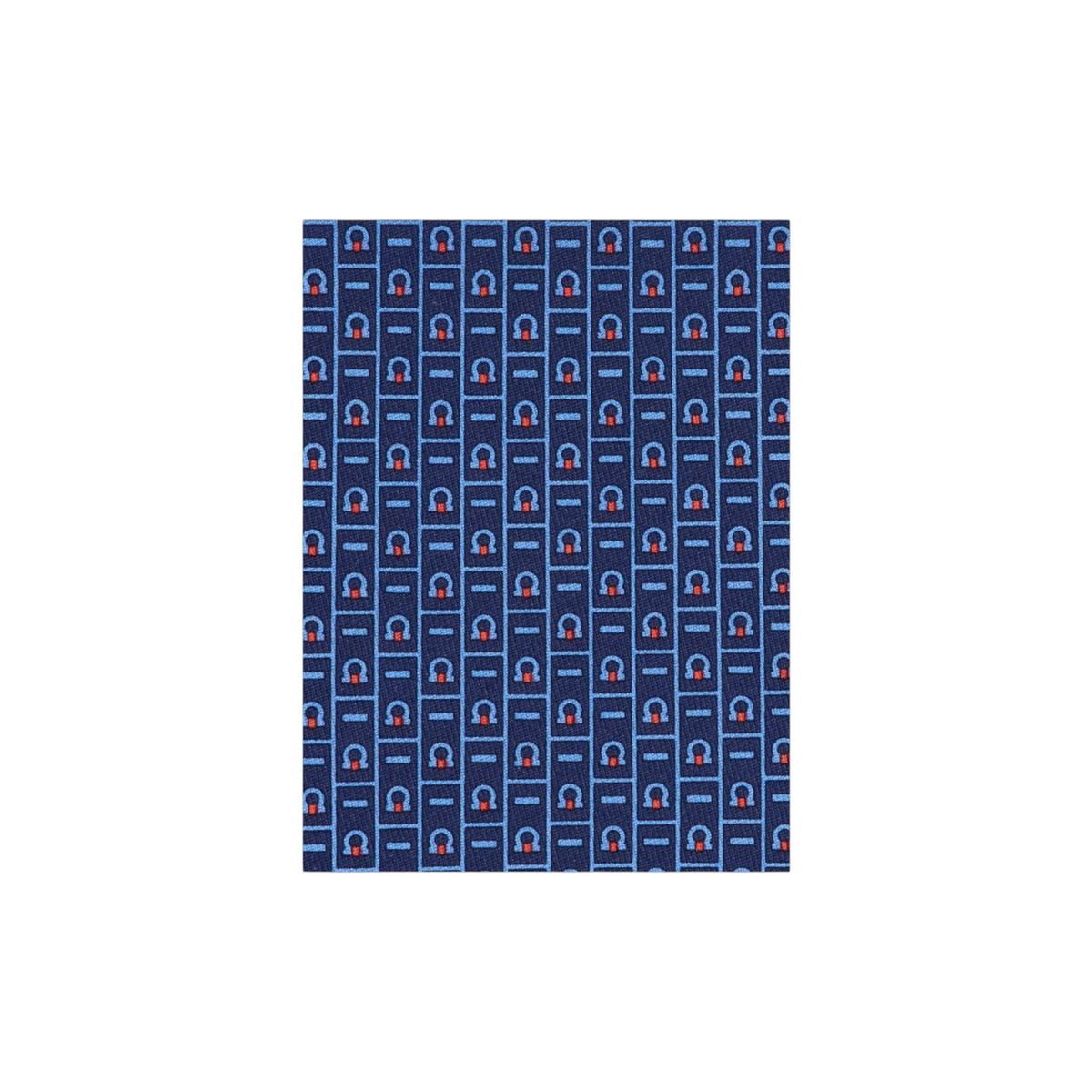 Via Manzoni Boutique Ferragamo silk necktie featuring a navy blue geometric pattern with light blue and red accents.