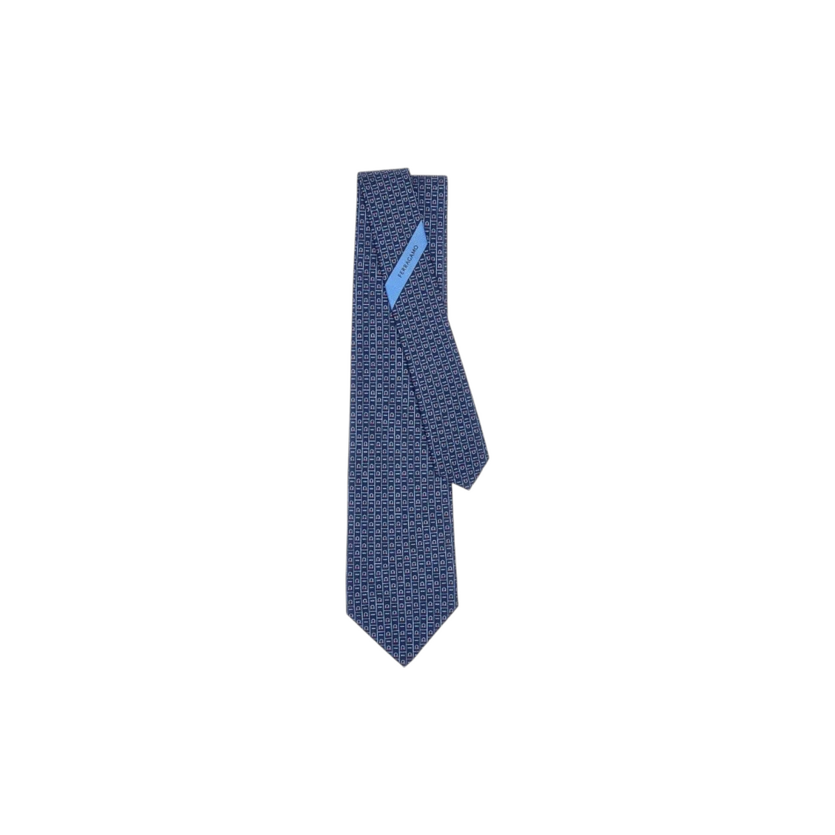 Via Manzoni Boutique Ferragamo navy blue silk necktie with a repeating light blue and red geometric pattern