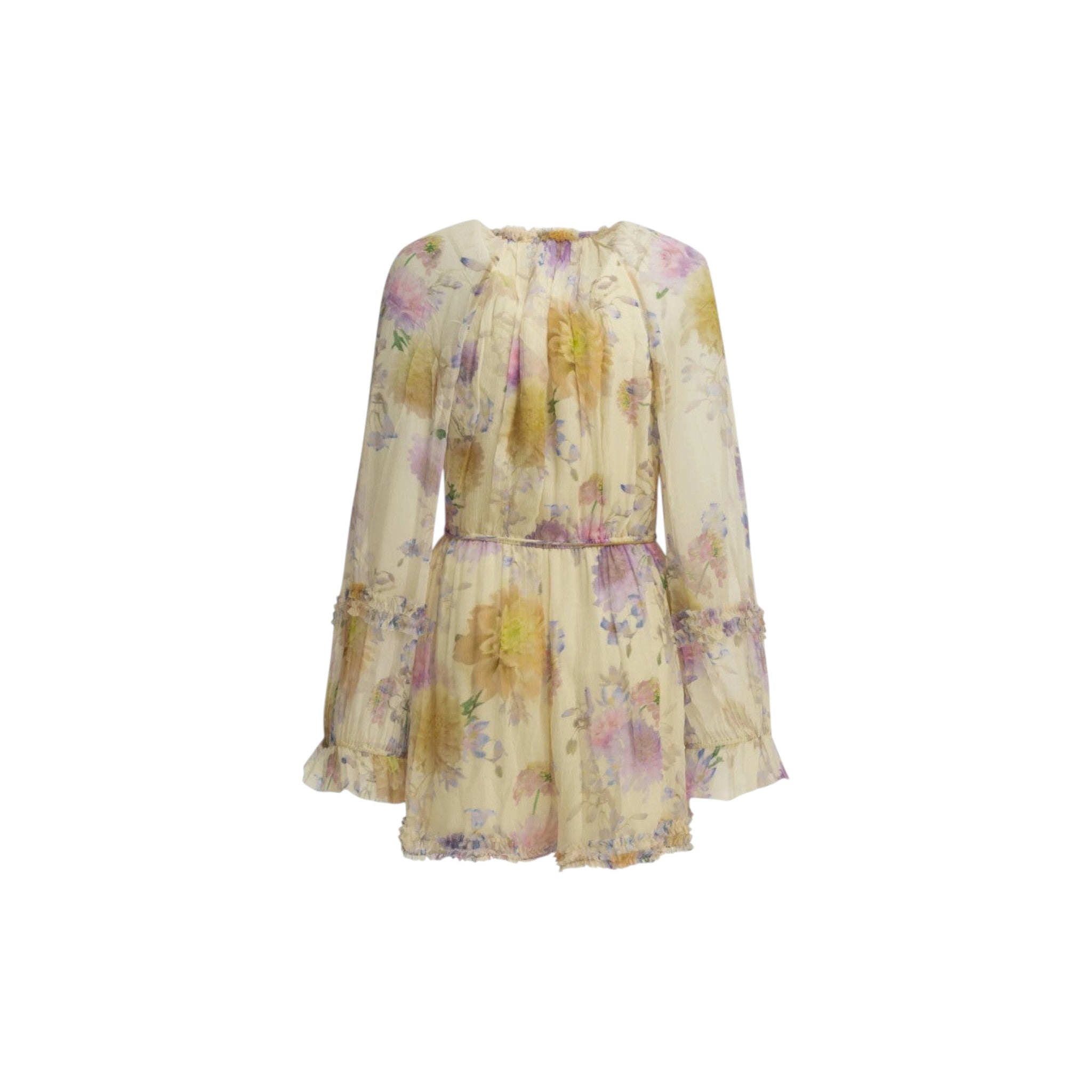 Via Manzoni Boutique ivory chiffon mini dress with painterly floral print in lavender, lilac, yellow, and blush pink. Features ruffle trim, tie neck, pearlized buttons, and billowy sleeves.