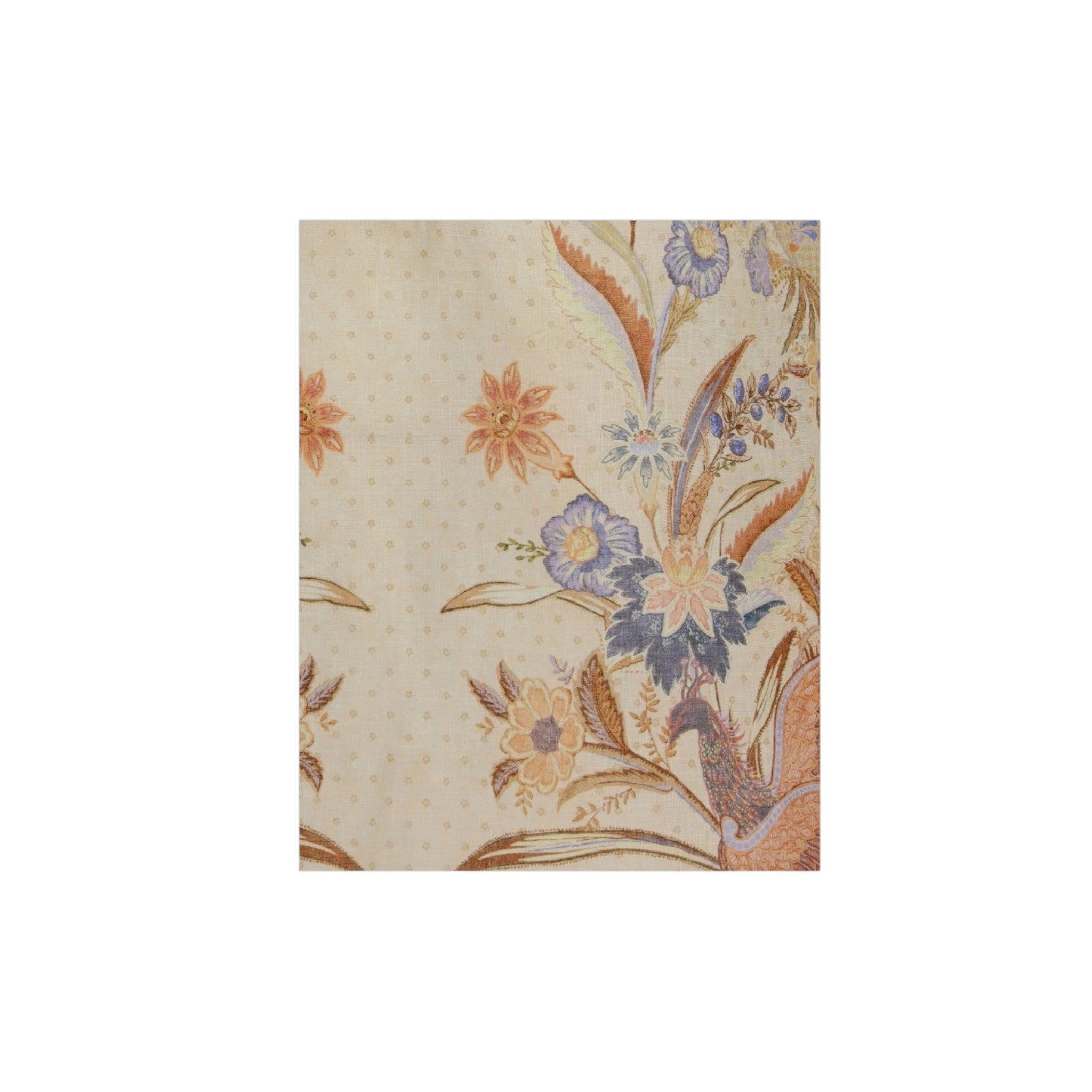 Via Manzoni Boutique tunic fabric featuring a beige polka-dot base with intricate peacock and floral botanical print.