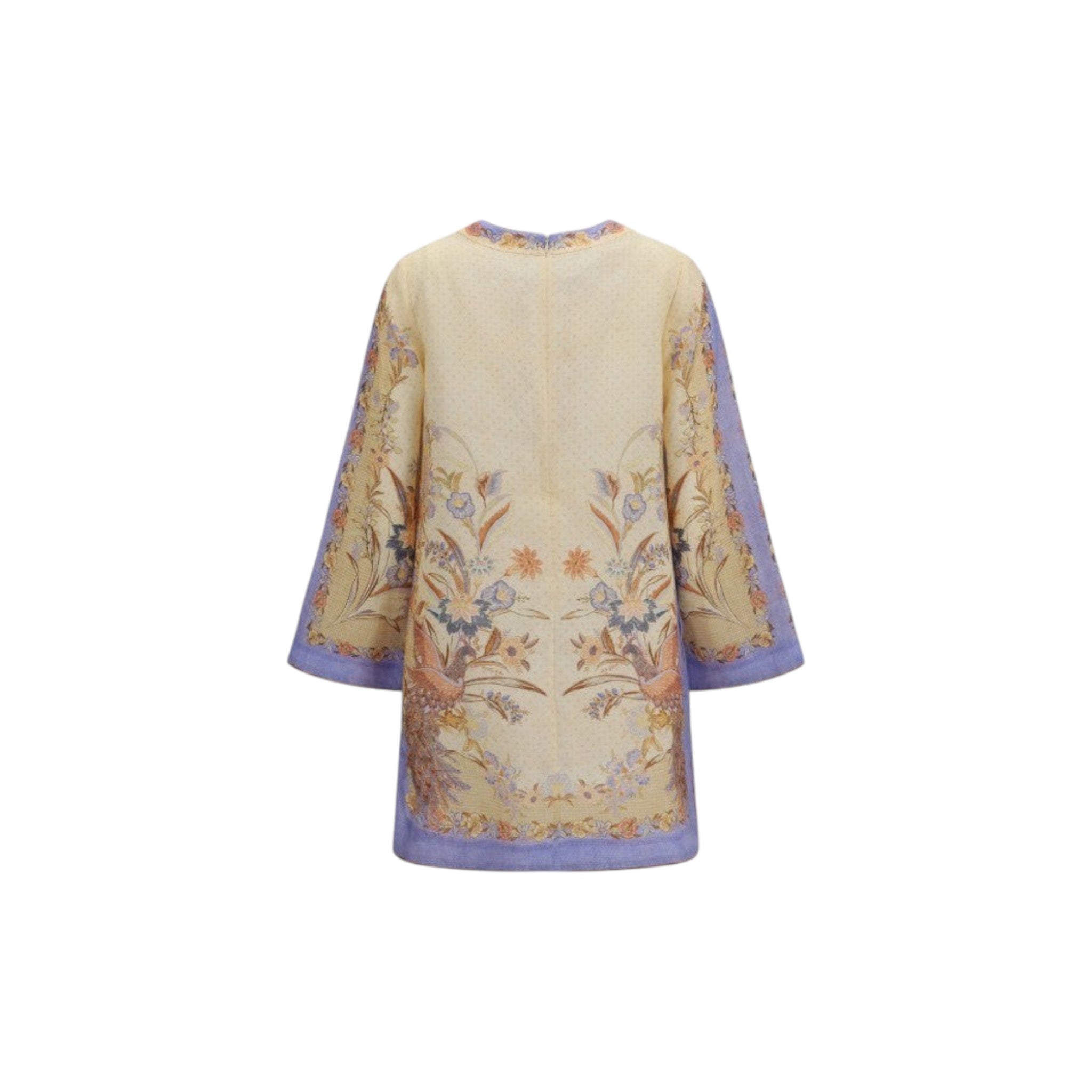 Via Manzoni Boutique floral tunic dress with peacock motifs, lavender accents, and three-quarter sleeves, back view.