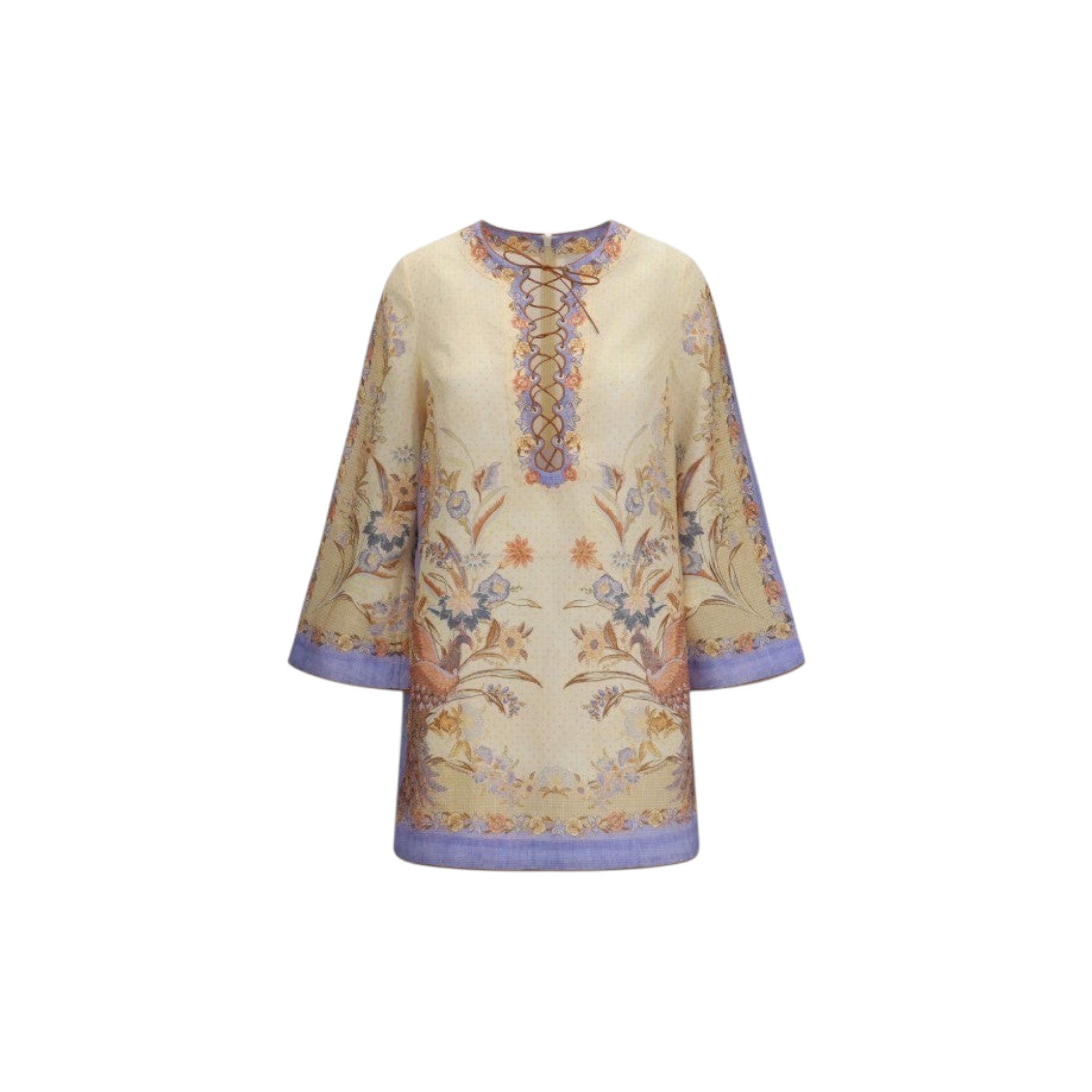 Via Manzoni Boutique floral print tunic dress with lace-up neckline, peacock motifs, and lavender accents.