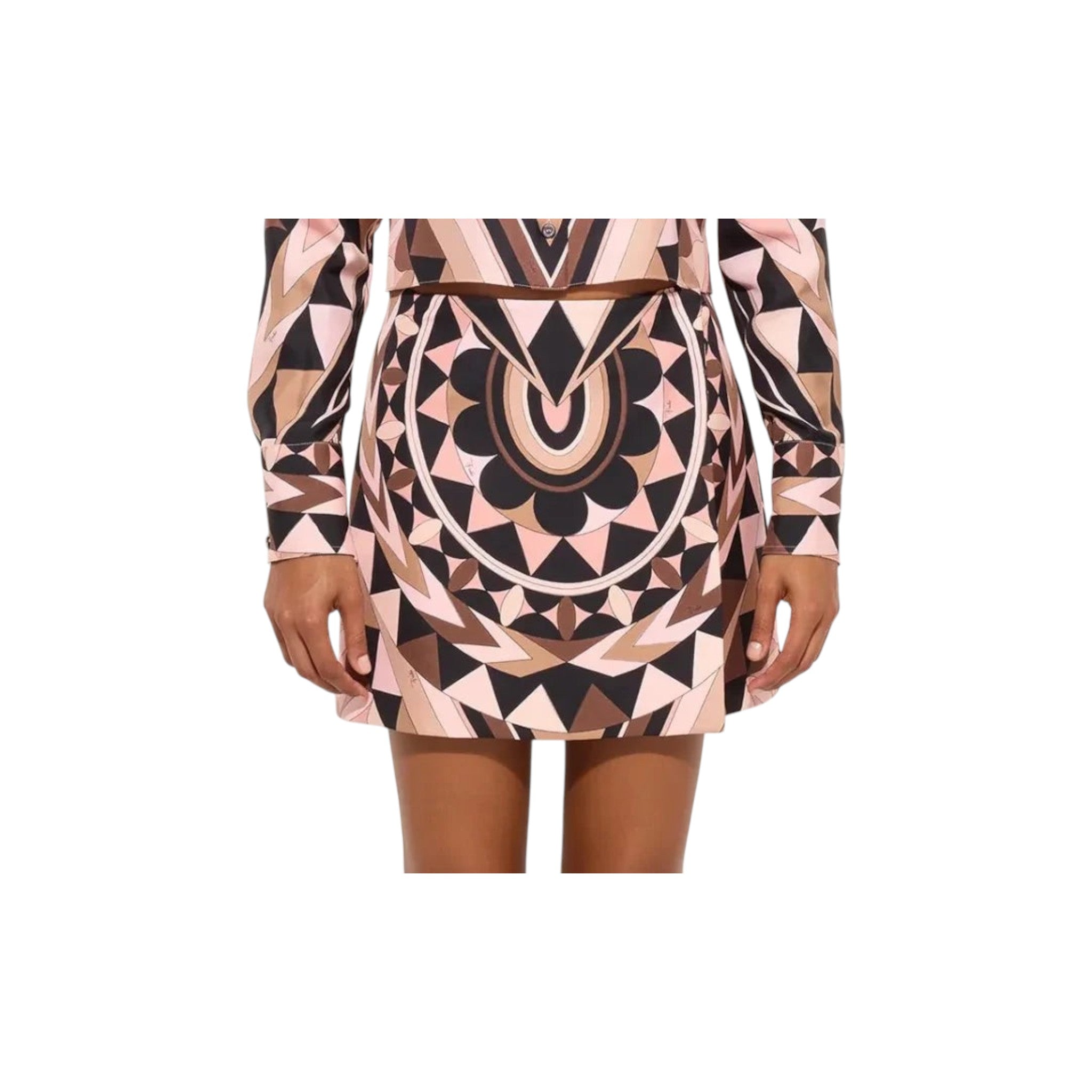 Via Manzoni Boutique pink, brown, and black geometric print silk blend mini skirt with A-line silhouette.