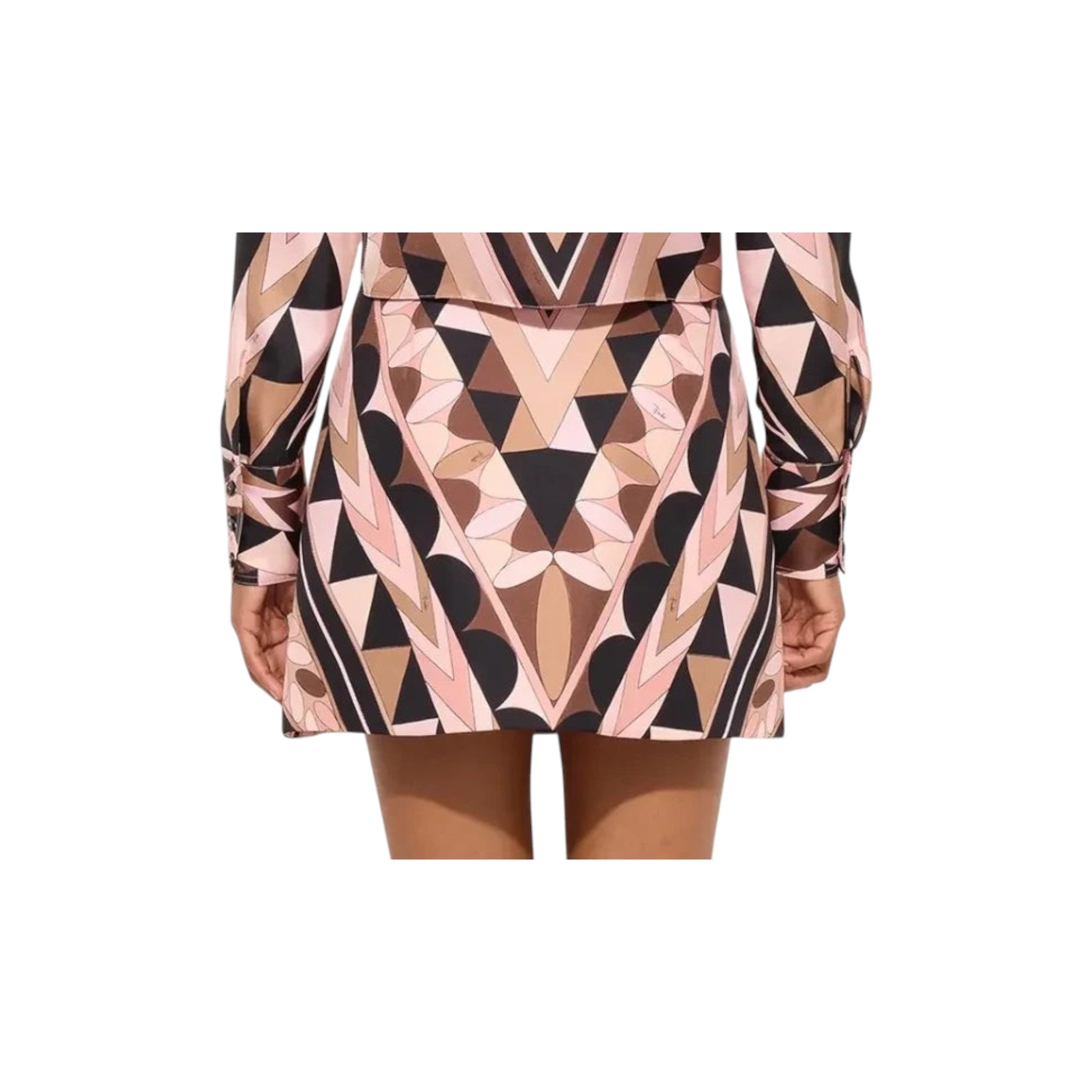 Via Manzoni Boutique pink, brown, and black geometric print silk blend mini skirt with A-line silhouette.
