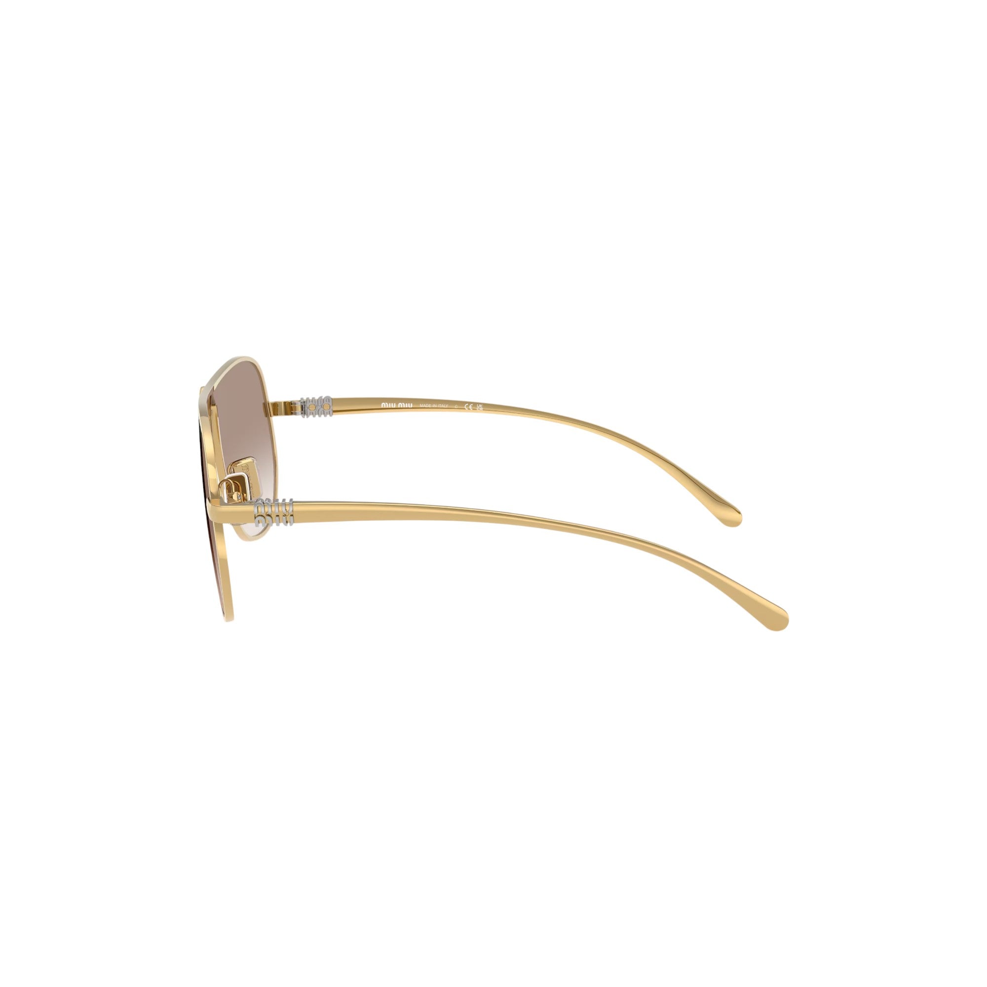 Via Manzoni Boutique gold metal pilot sunglasses with clear gradient brown lenses and signature temple detailing.