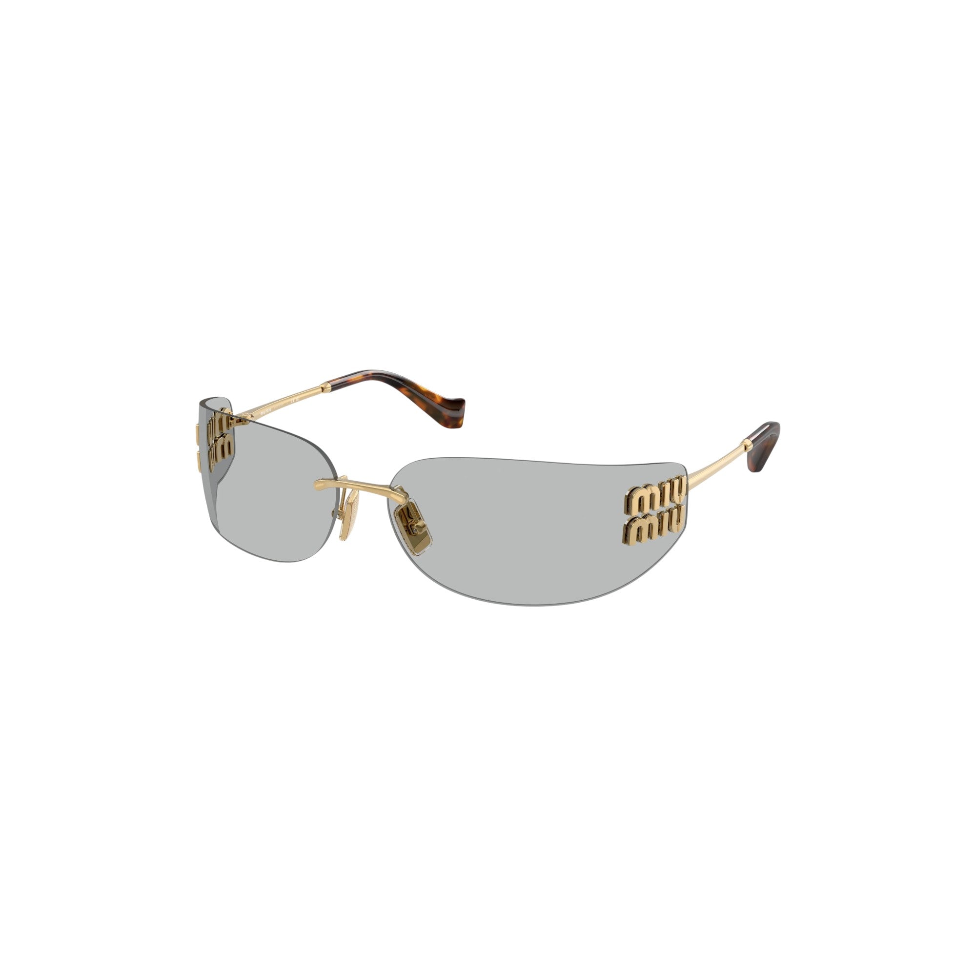 Via Manzoni Boutique Grey and Gold Aube rimless shield sunglasses with gold Miu Miu logos on lenses and tortoiseshell temple tips.