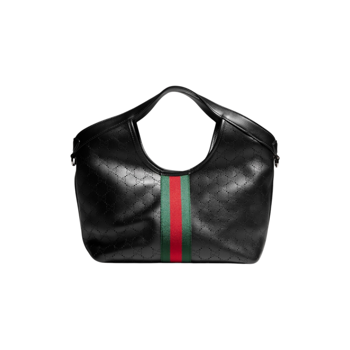 Via Manzoni Boutique Gucci Giglio small black perforated leather tote bag with signature green and red Web stripe.