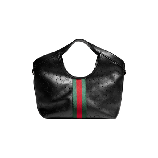 Via Manzoni Boutique Gucci Giglio small black perforated leather tote bag with signature green and red Web stripe.
