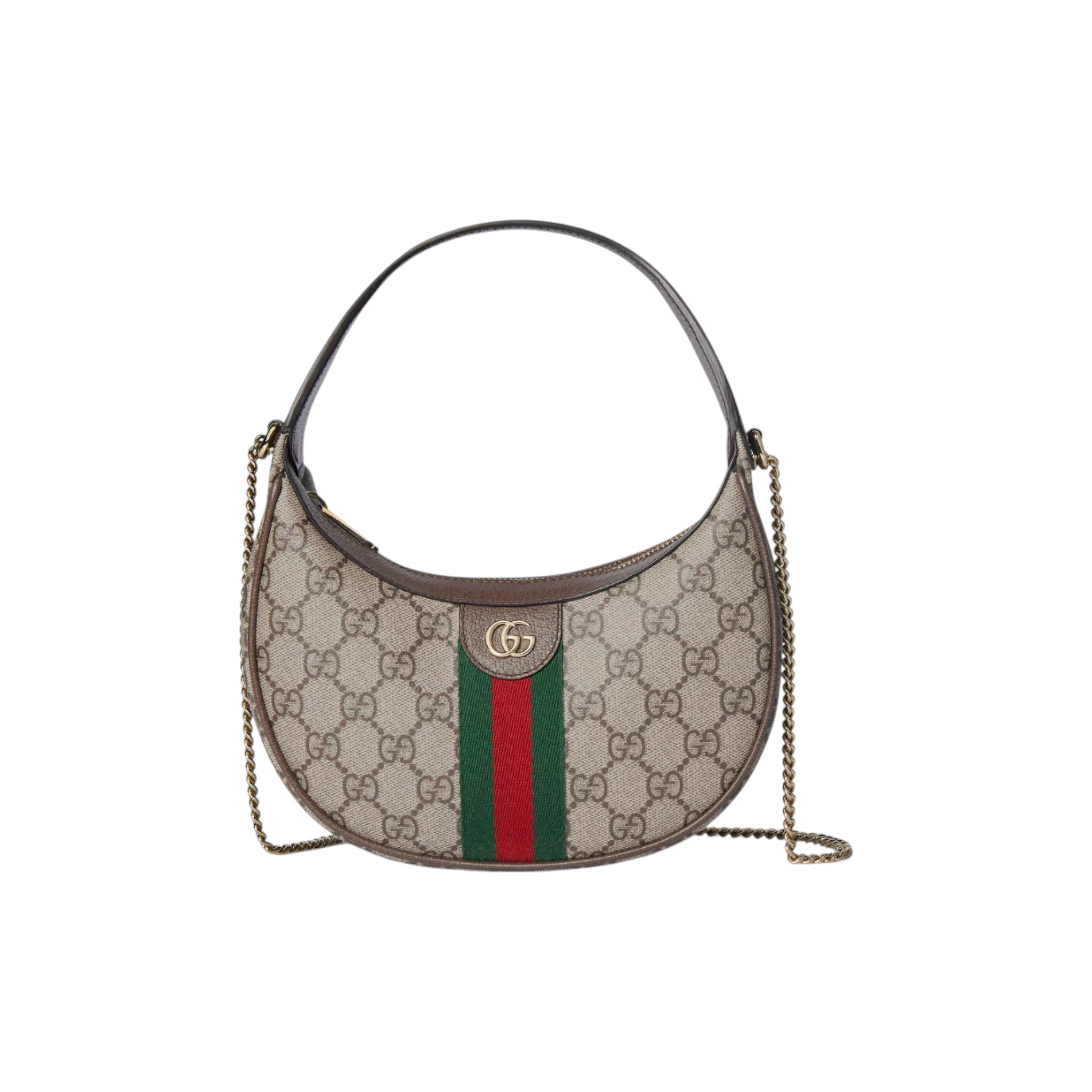Via Manzoni Boutique Gucci Ophidia small shoulder bag in beige and dark brown GG Monogram coated fabric with green and red Web stripe and Double G hardware.